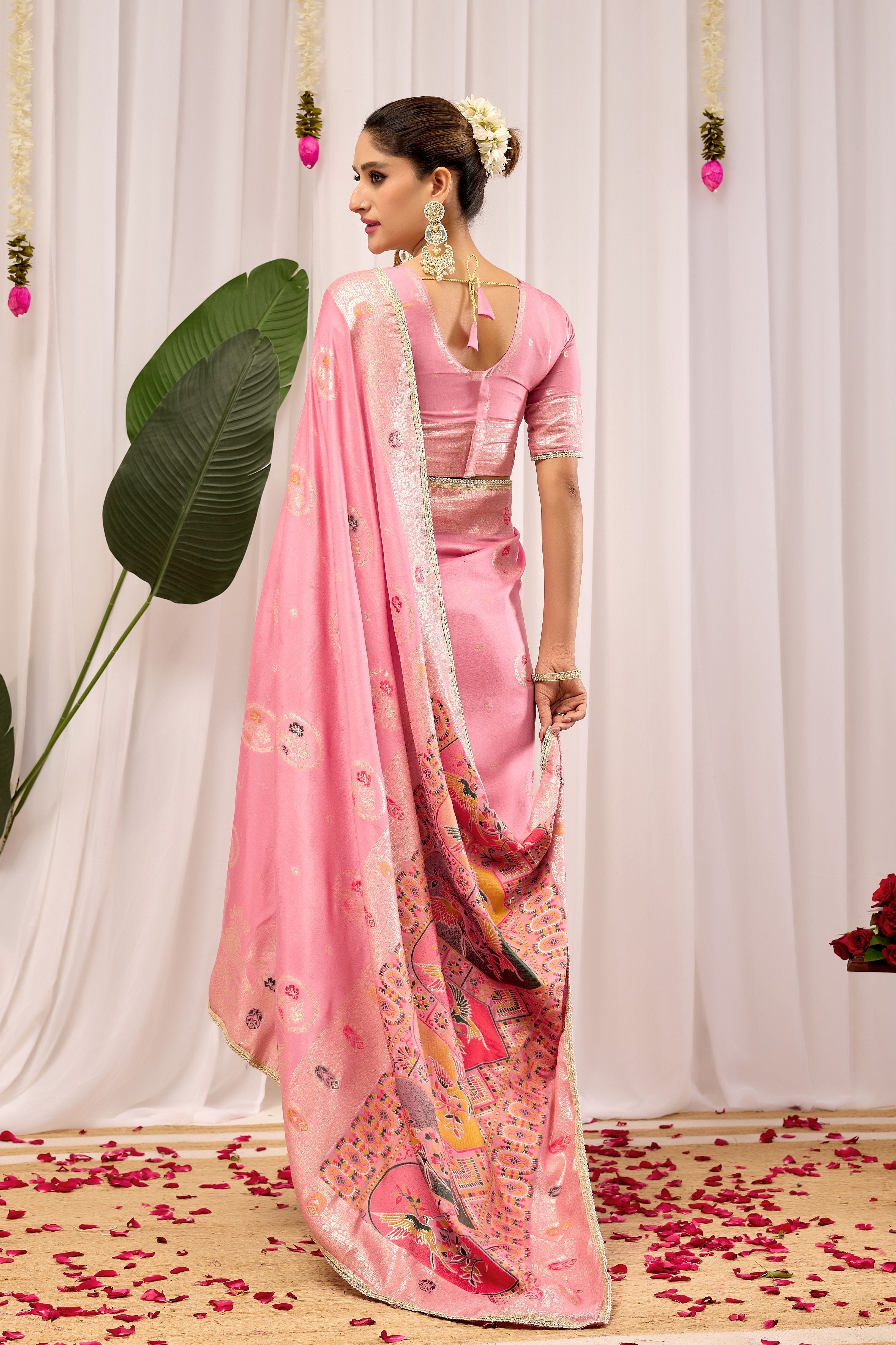 Elegant Soft Pink Woven Silk by Icultuer with Classic Traditional Patterns, Designer Border and Luxurious Pallu