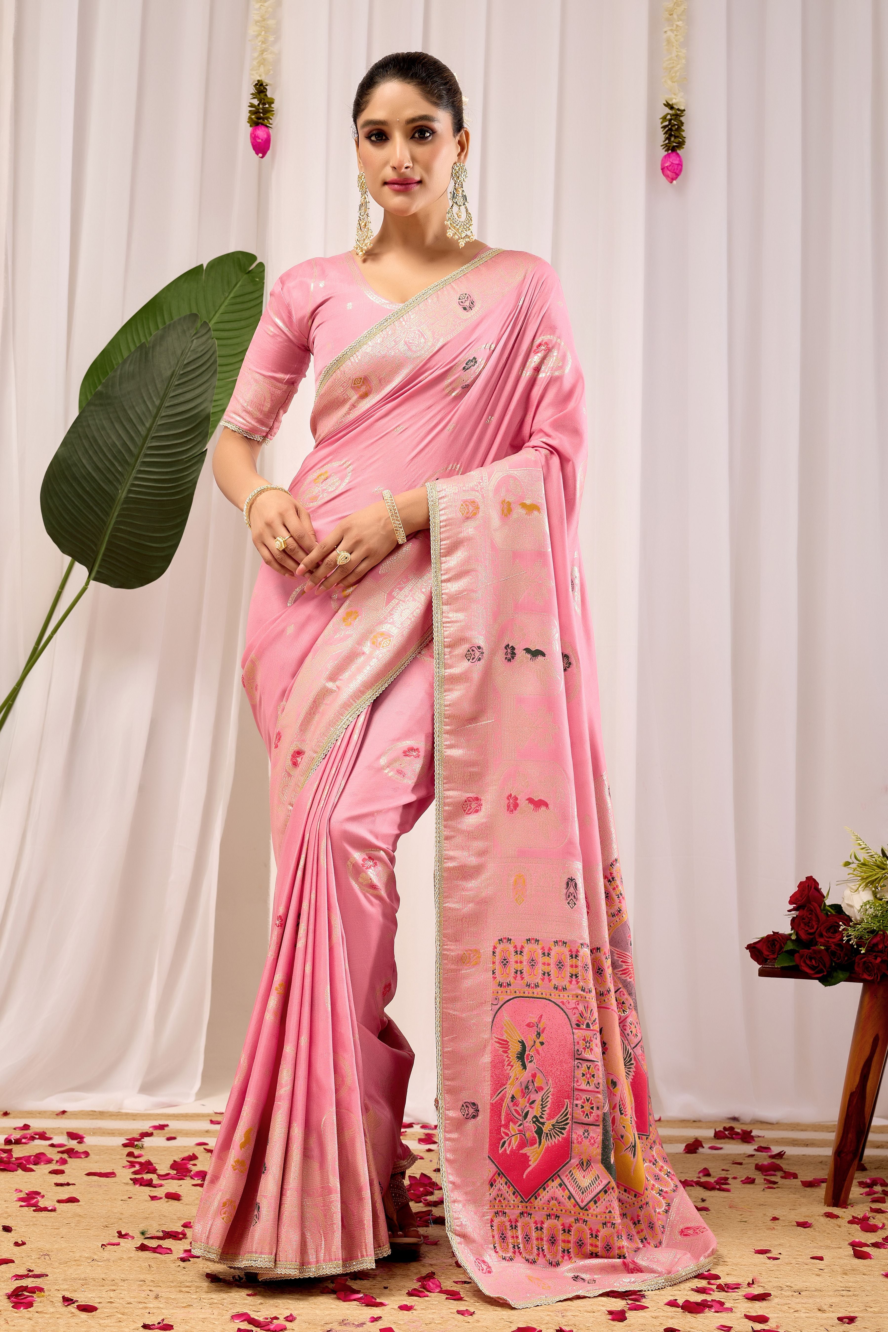 Elegant Soft Pink Woven Silk by Icultuer with Classic Traditional Patterns, Designer Border and Luxurious Pallu