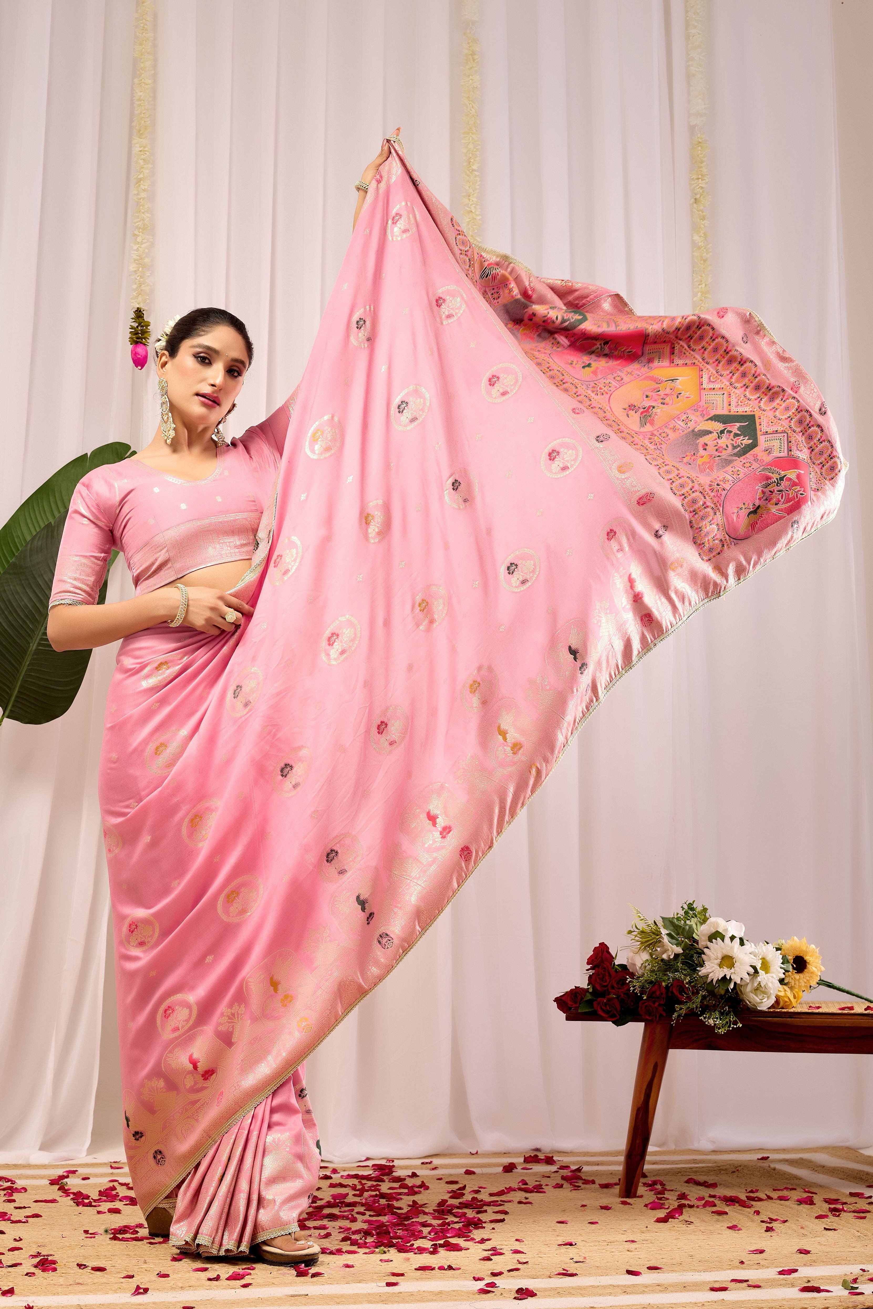 Elegant Soft Pink Woven Silk by Icultuer with Classic Traditional Patterns, Designer Border and Luxurious Pallu