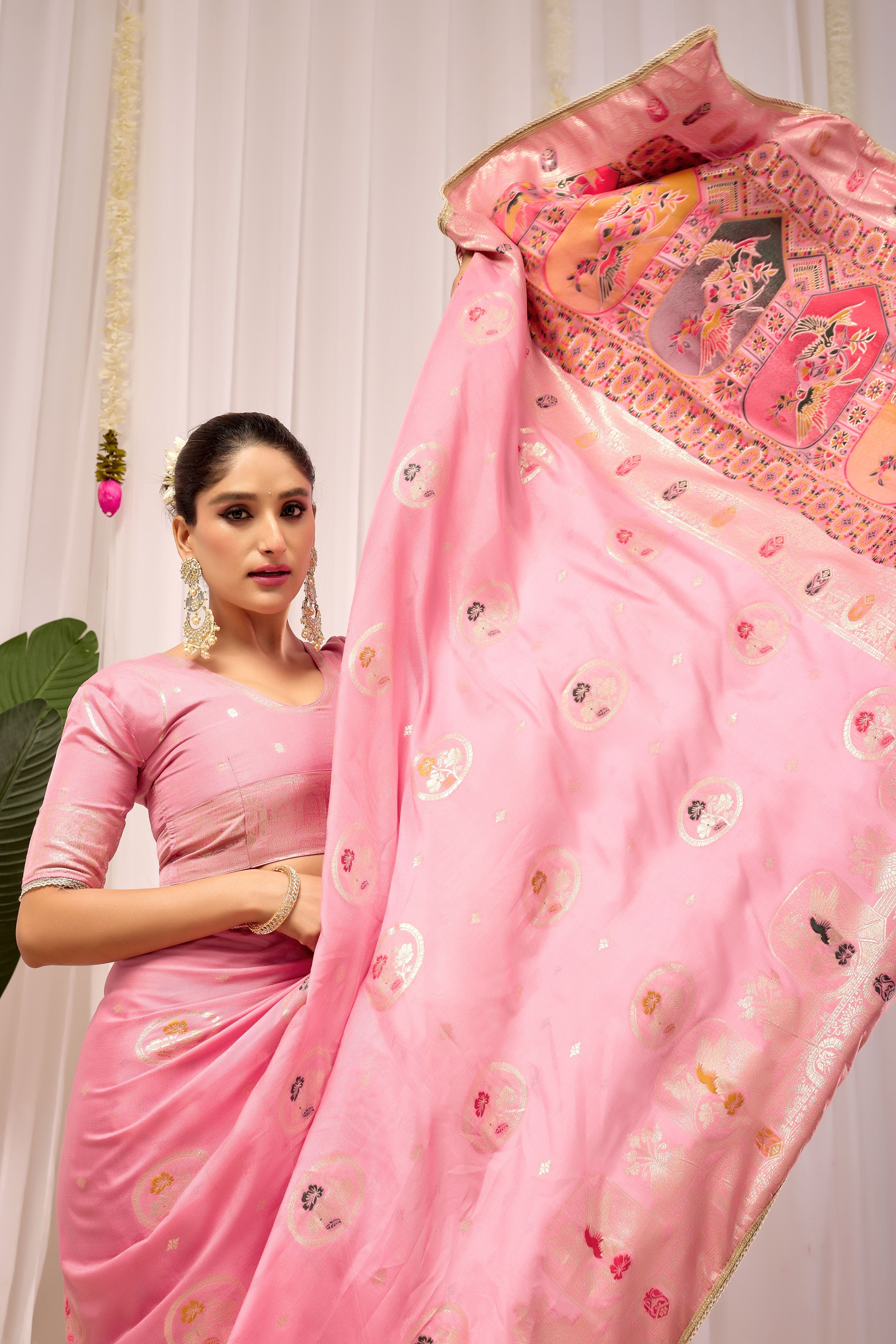 Elegant Soft Pink Woven Silk by Icultuer with Classic Traditional Patterns, Designer Border and Luxurious Pallu