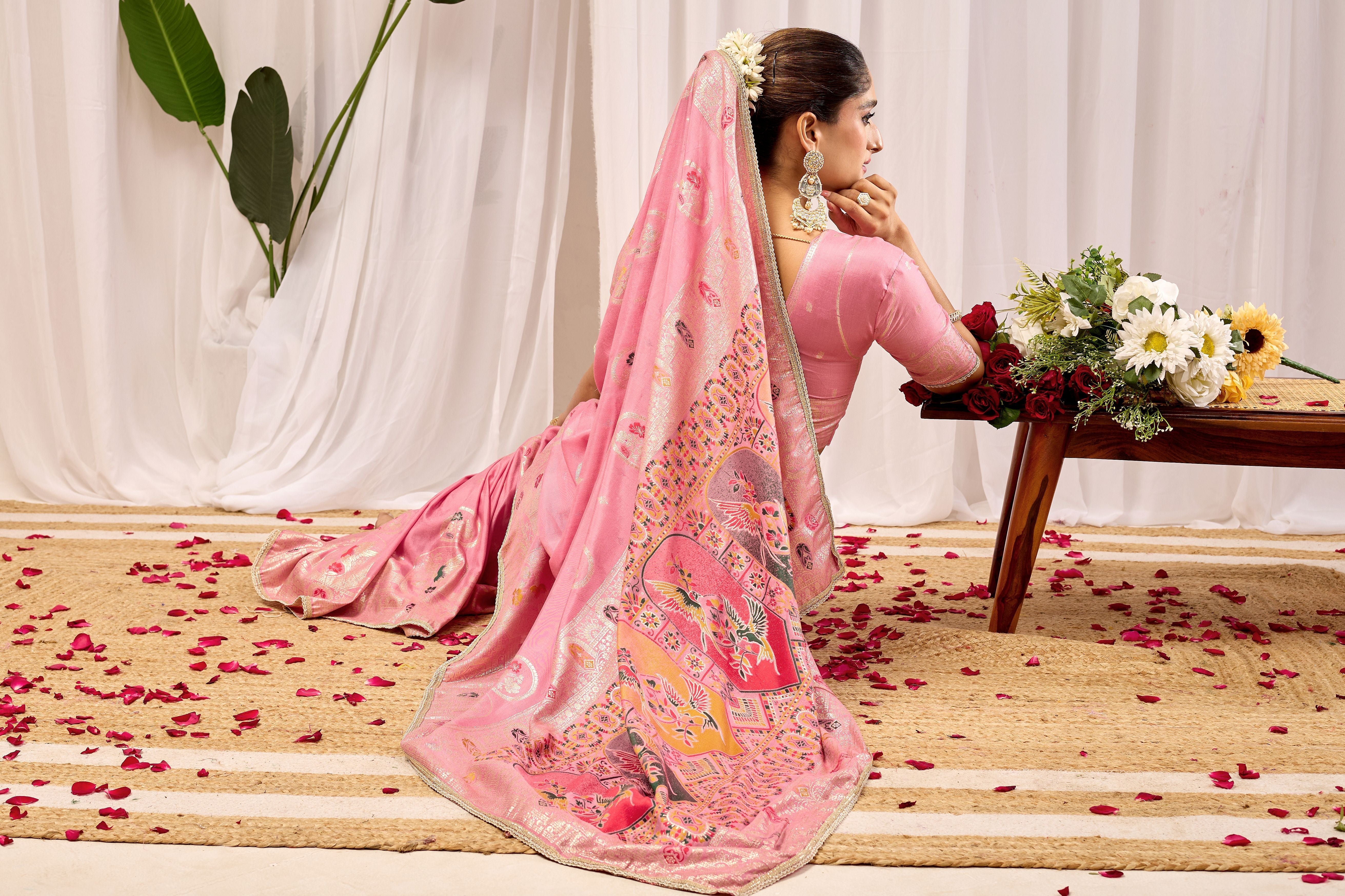 Elegant Soft Pink Woven Silk by Icultuer with Classic Traditional Patterns, Designer Border and Luxurious Pallu