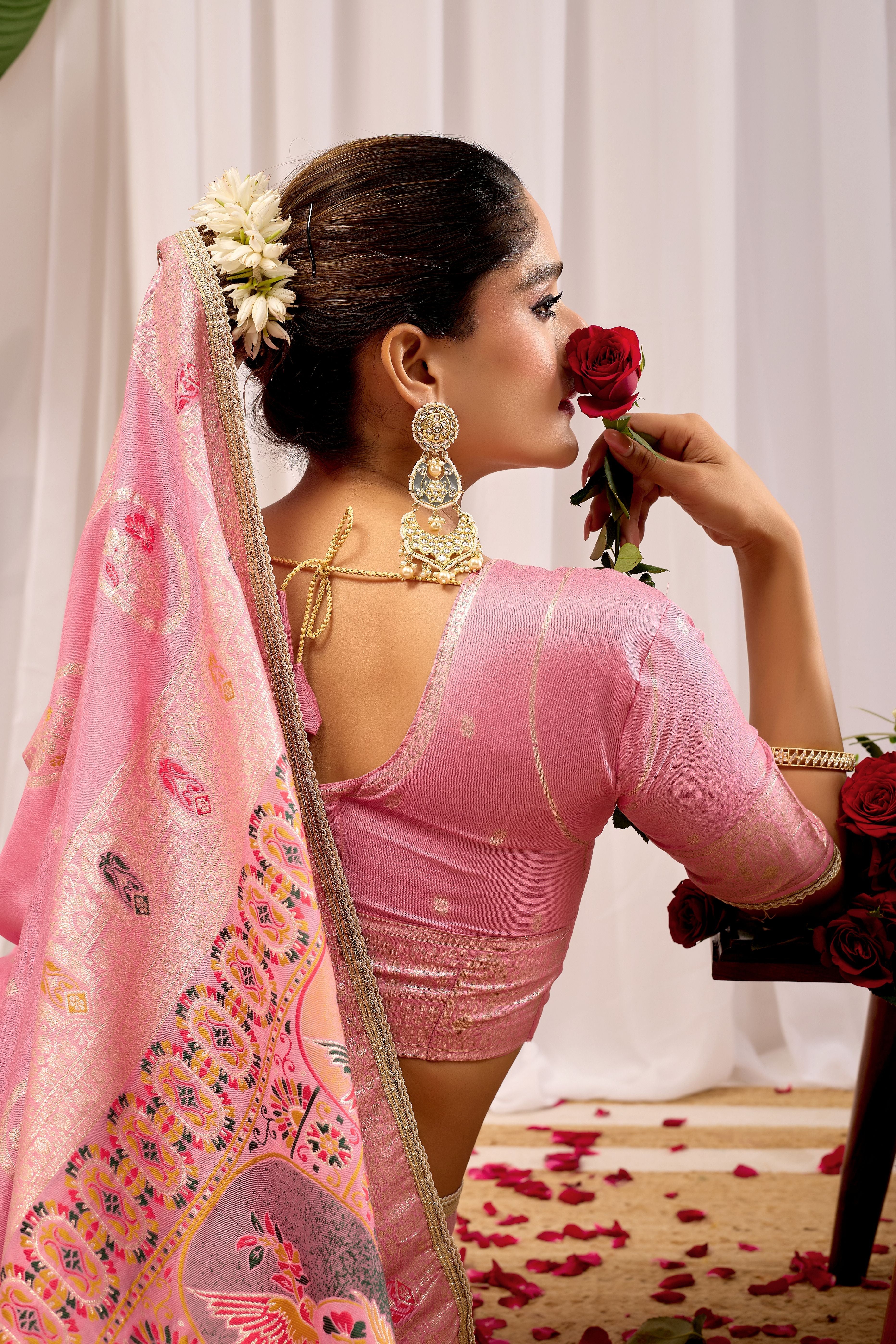 Elegant Soft Pink Woven Silk by Icultuer with Classic Traditional Patterns, Designer Border and Luxurious Pallu