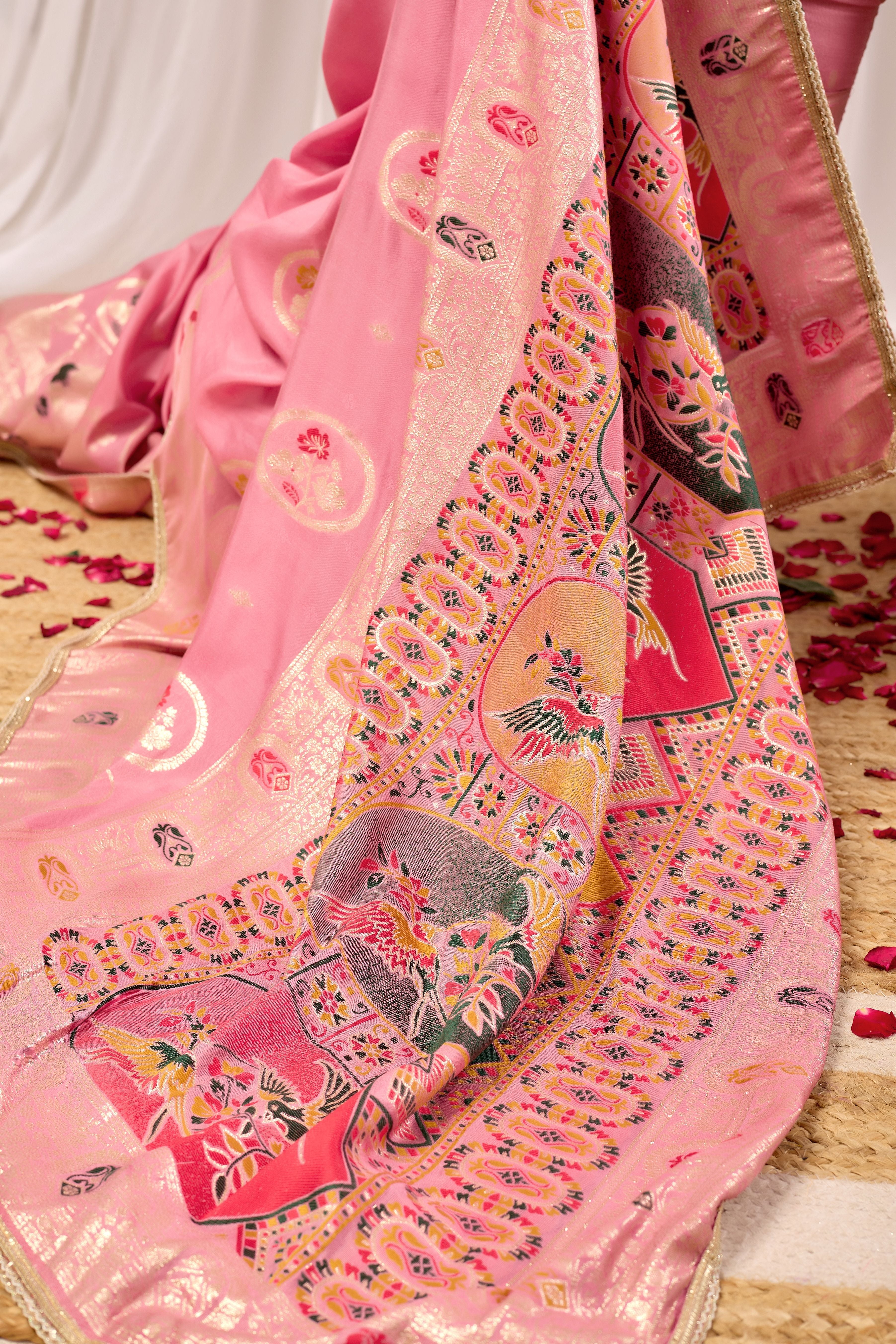 Elegant Soft Pink Woven Silk by Icultuer with Classic Traditional Patterns, Designer Border and Luxurious Pallu
