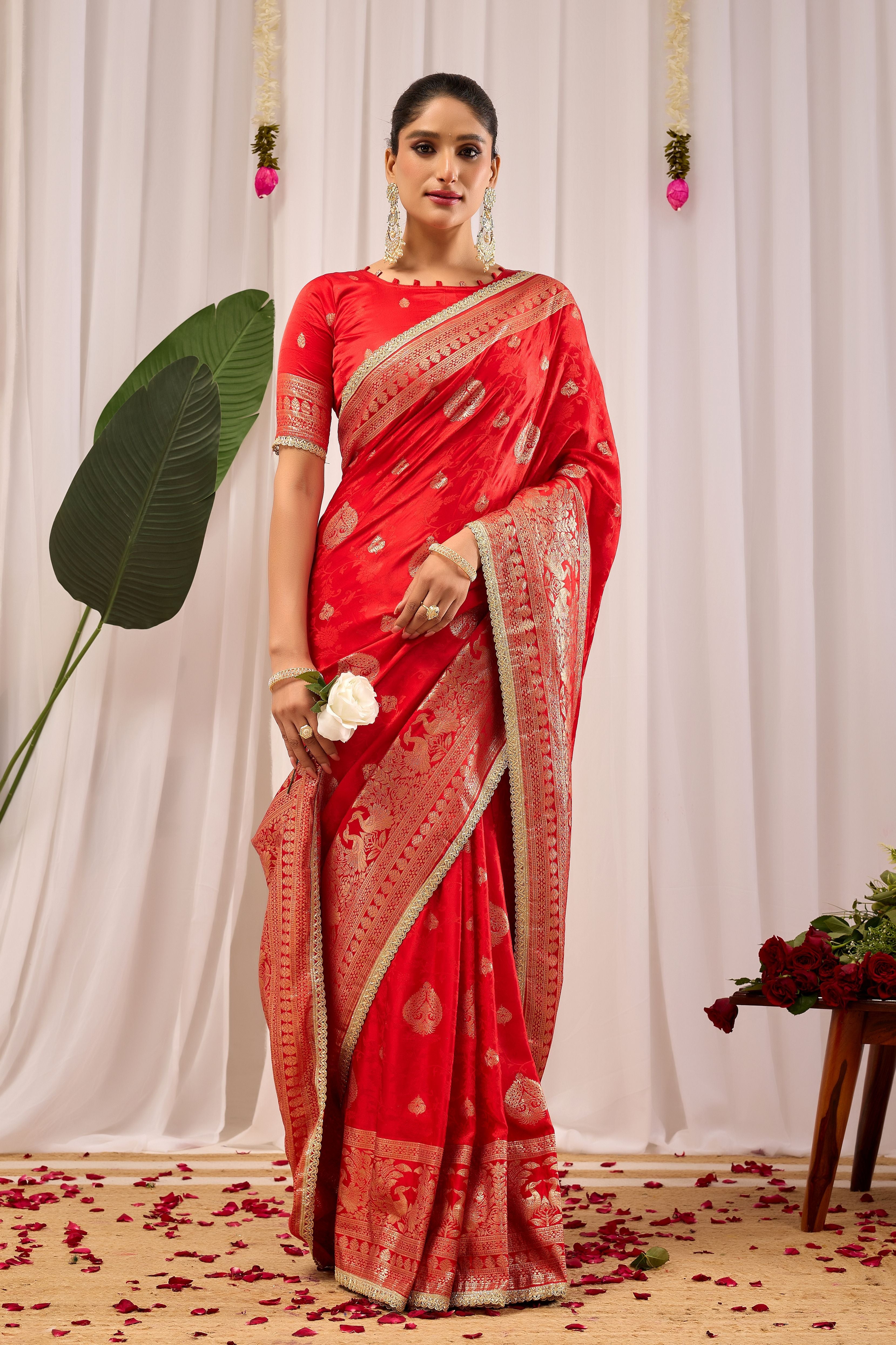 Royal Crimson Heritage soft silk by Icultuer with Traditional Gold Motifs