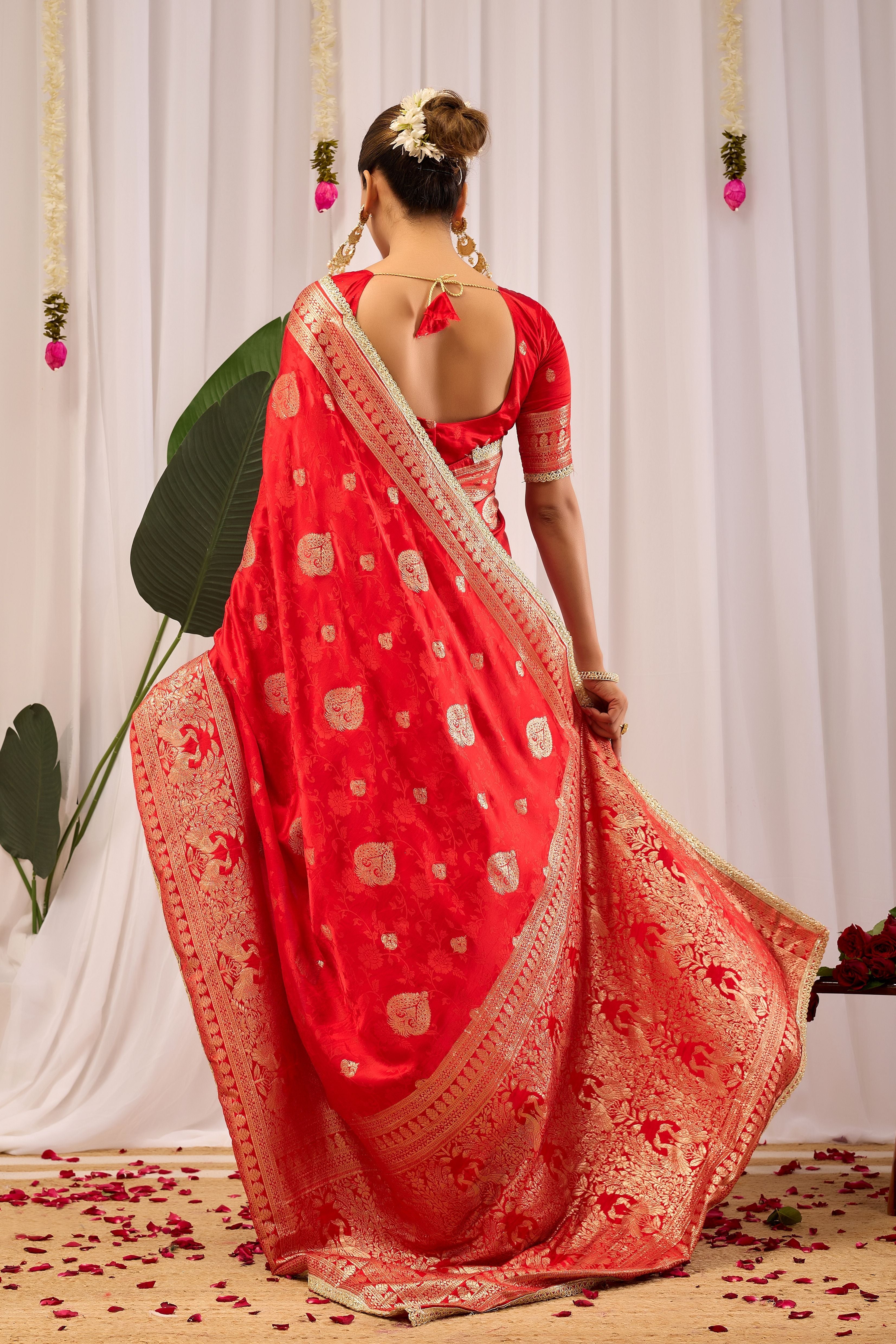 Royal Crimson Heritage soft silk by Icultuer with Traditional Gold Motifs