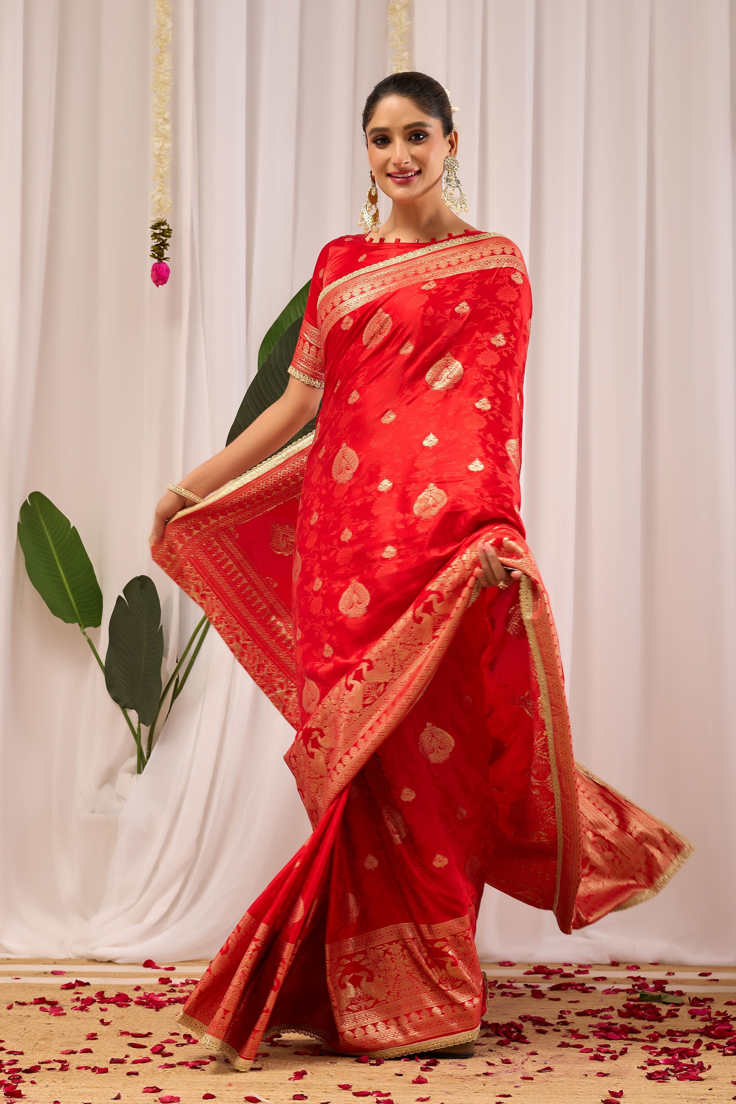 Royal Crimson Heritage soft silk by Icultuer with Traditional Gold Motifs