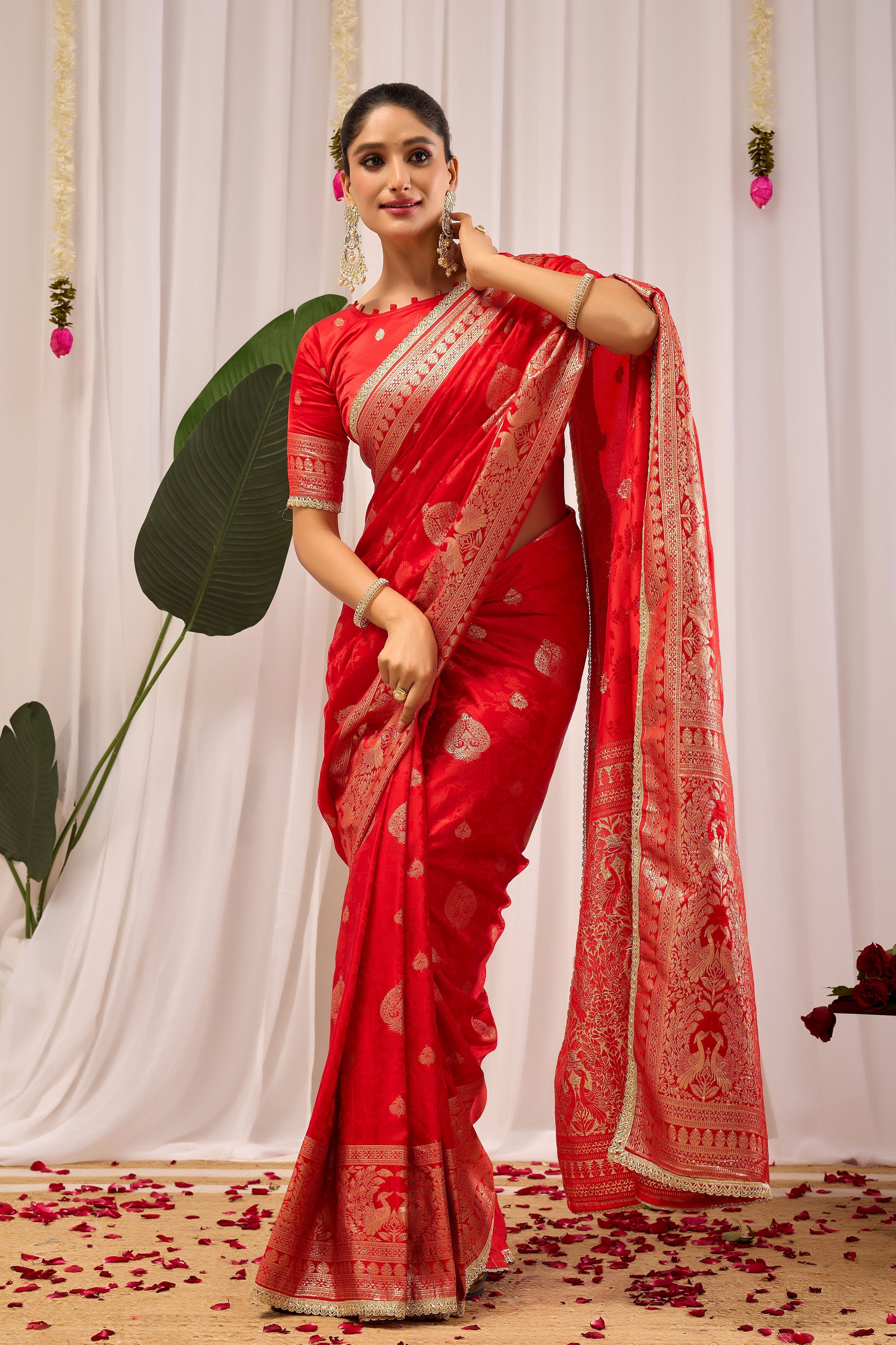 Royal Crimson Heritage soft silk by Icultuer with Traditional Gold Motifs