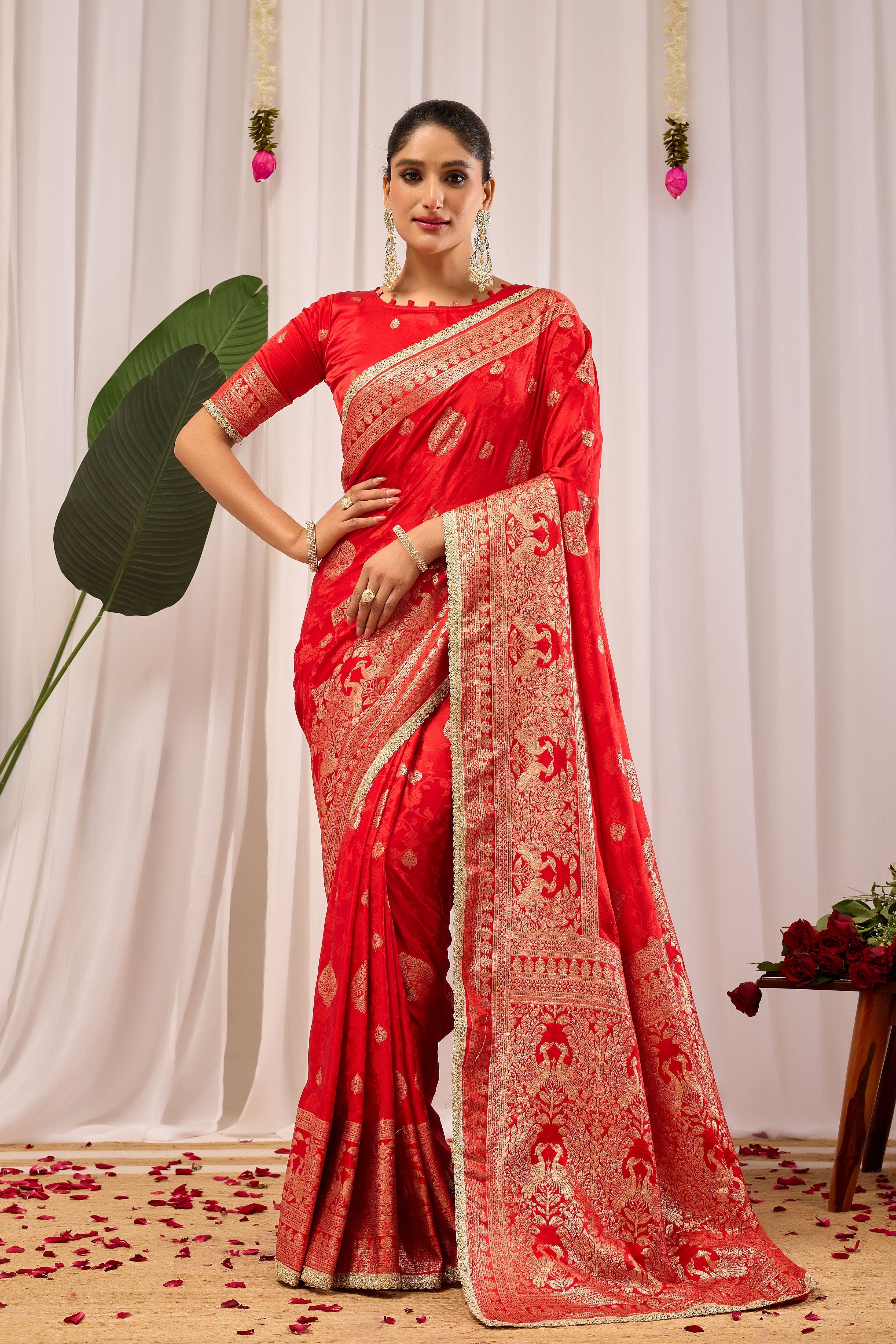 Royal Crimson Heritage soft silk by Icultuer with Traditional Gold Motifs