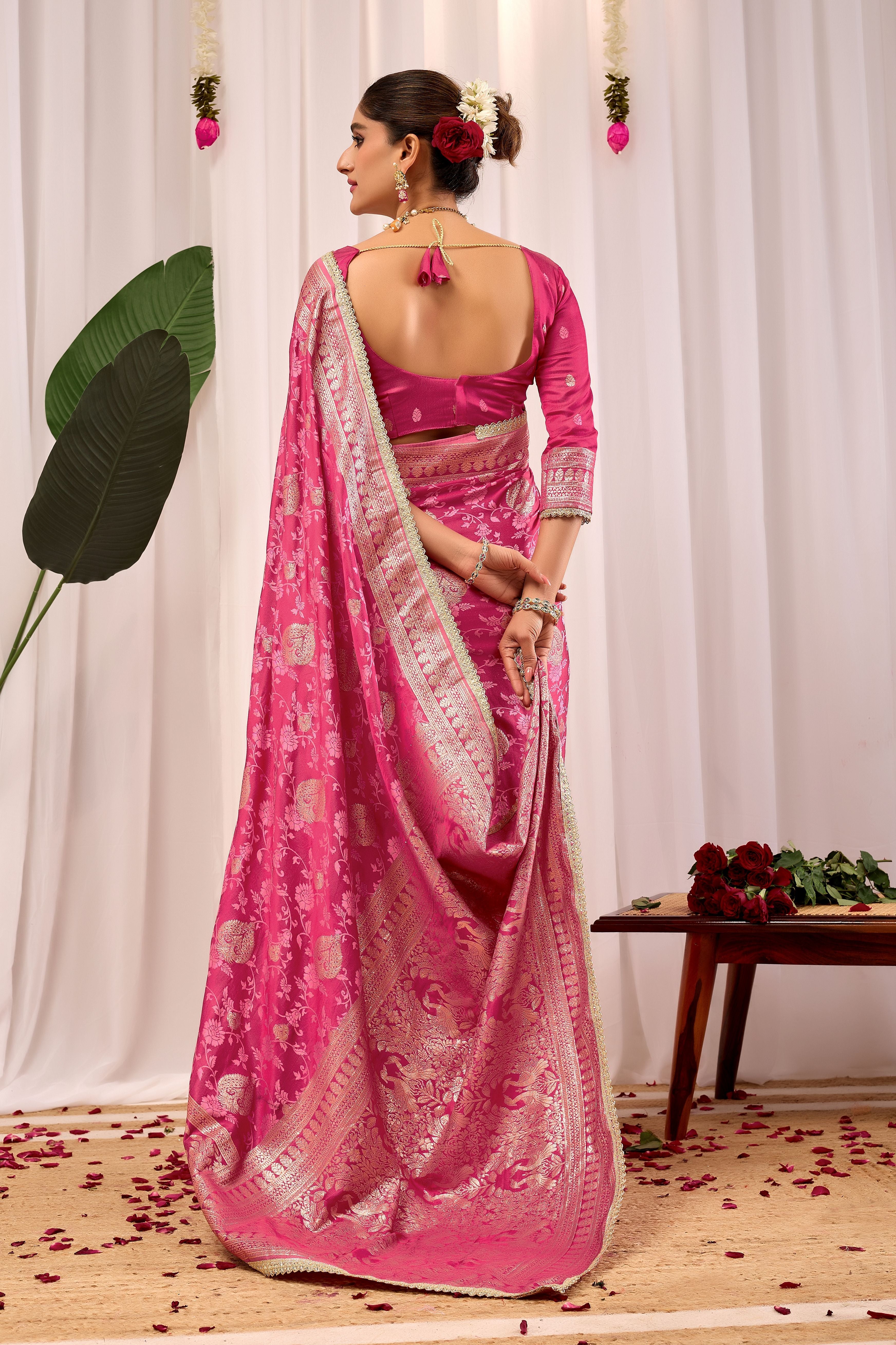 Elegant Rose Pink Floral by Icultuer Featuring Traditional Motifs and Rich Zari Border for Festive Occasions