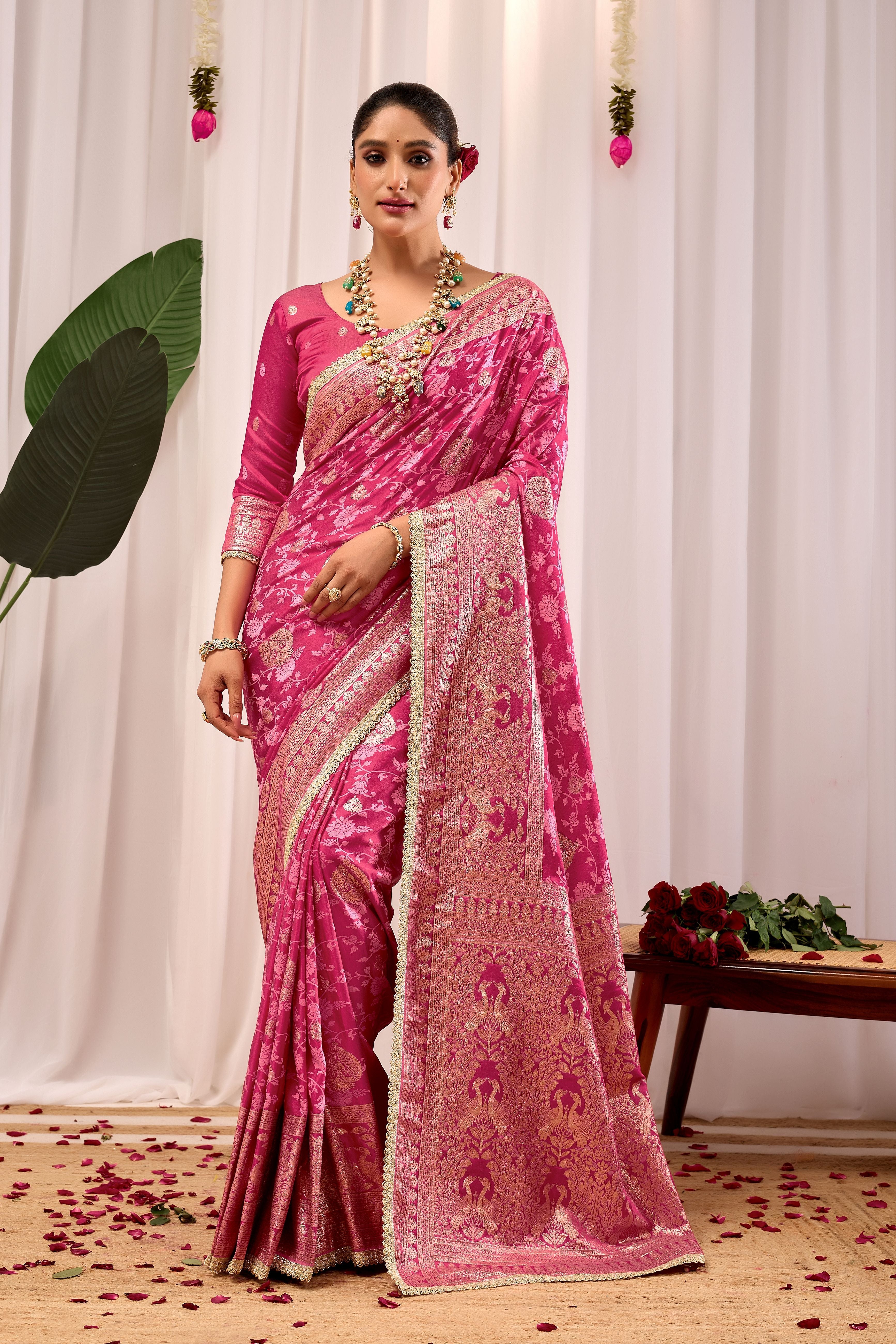 Elegant Rose Pink Floral by Icultuer Featuring Traditional Motifs and Rich Zari Border for Festive Occasions