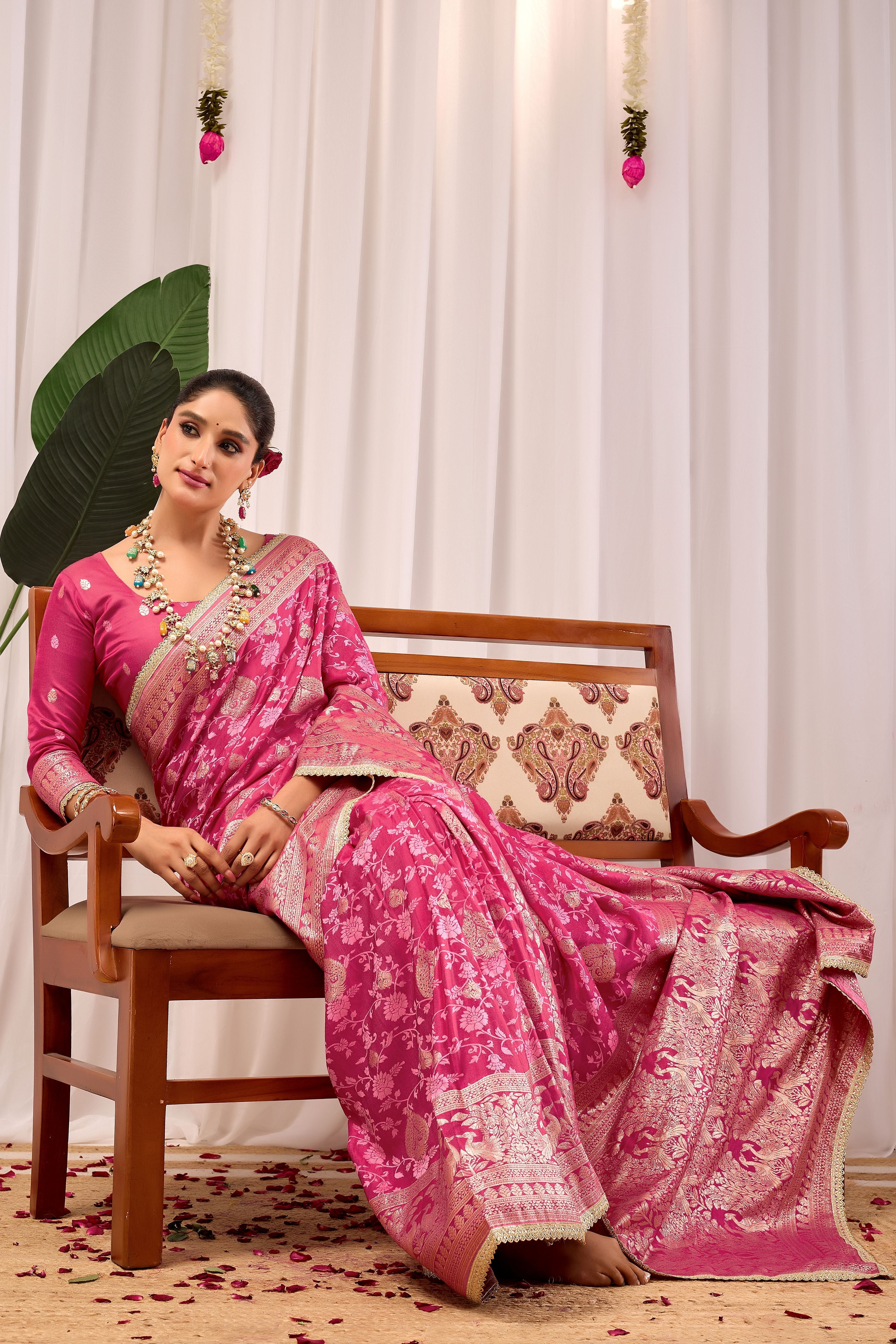 Elegant Rose Pink Floral by Icultuer Featuring Traditional Motifs and Rich Zari Border for Festive Occasions