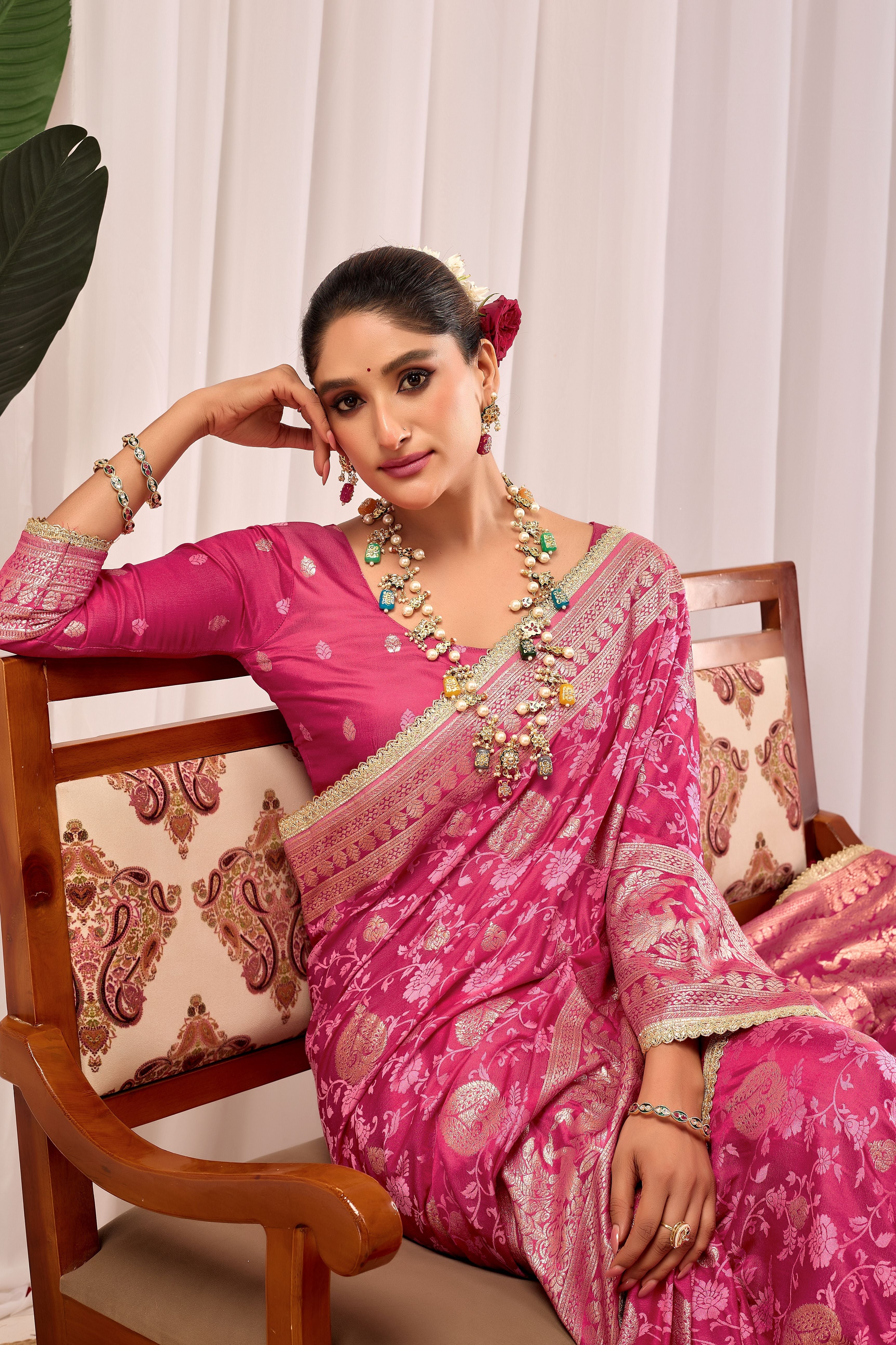 Elegant Rose Pink Floral by Icultuer Featuring Traditional Motifs and Rich Zari Border for Festive Occasions