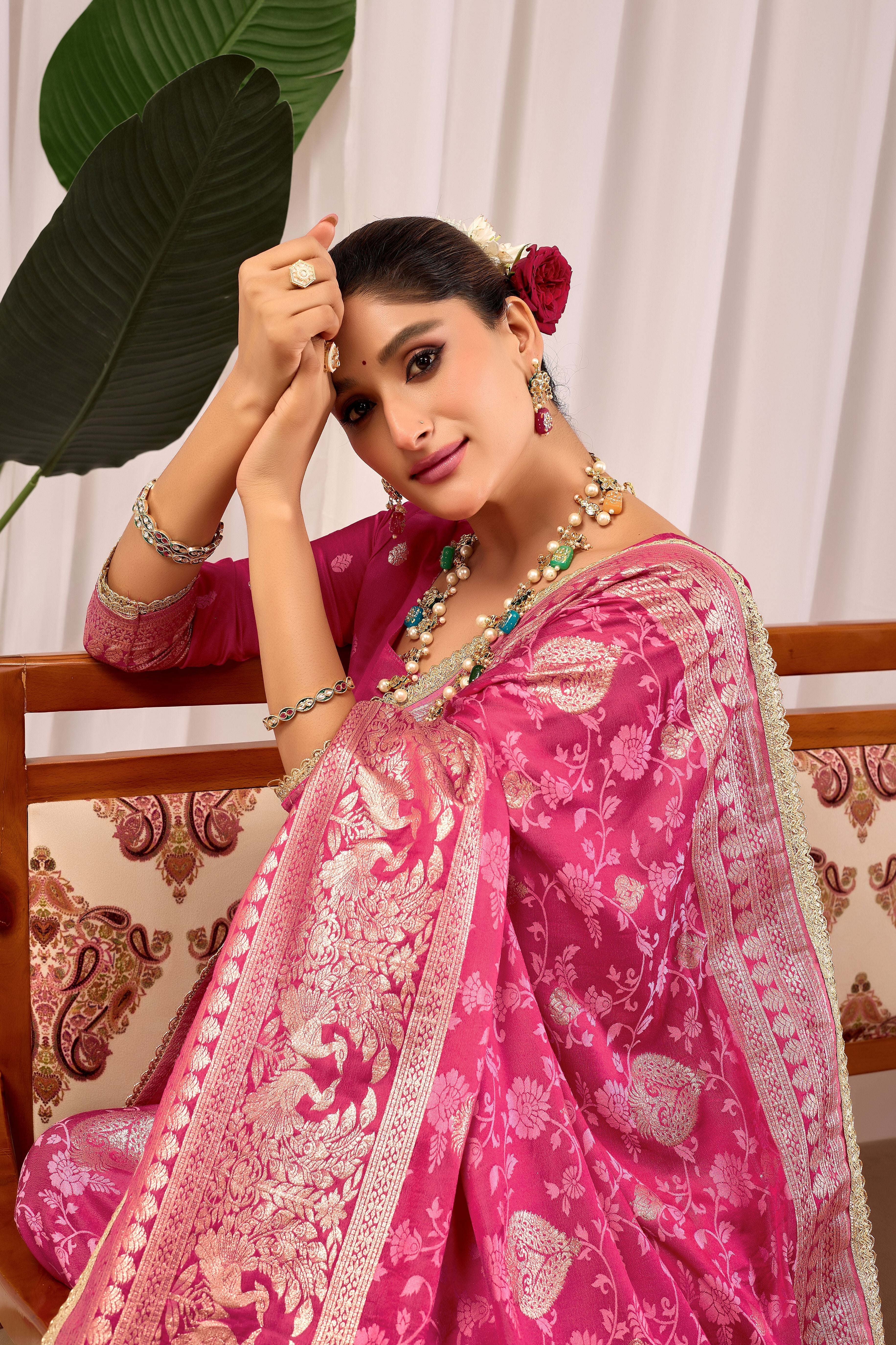Elegant Rose Pink Floral by Icultuer Featuring Traditional Motifs and Rich Zari Border for Festive Occasions
