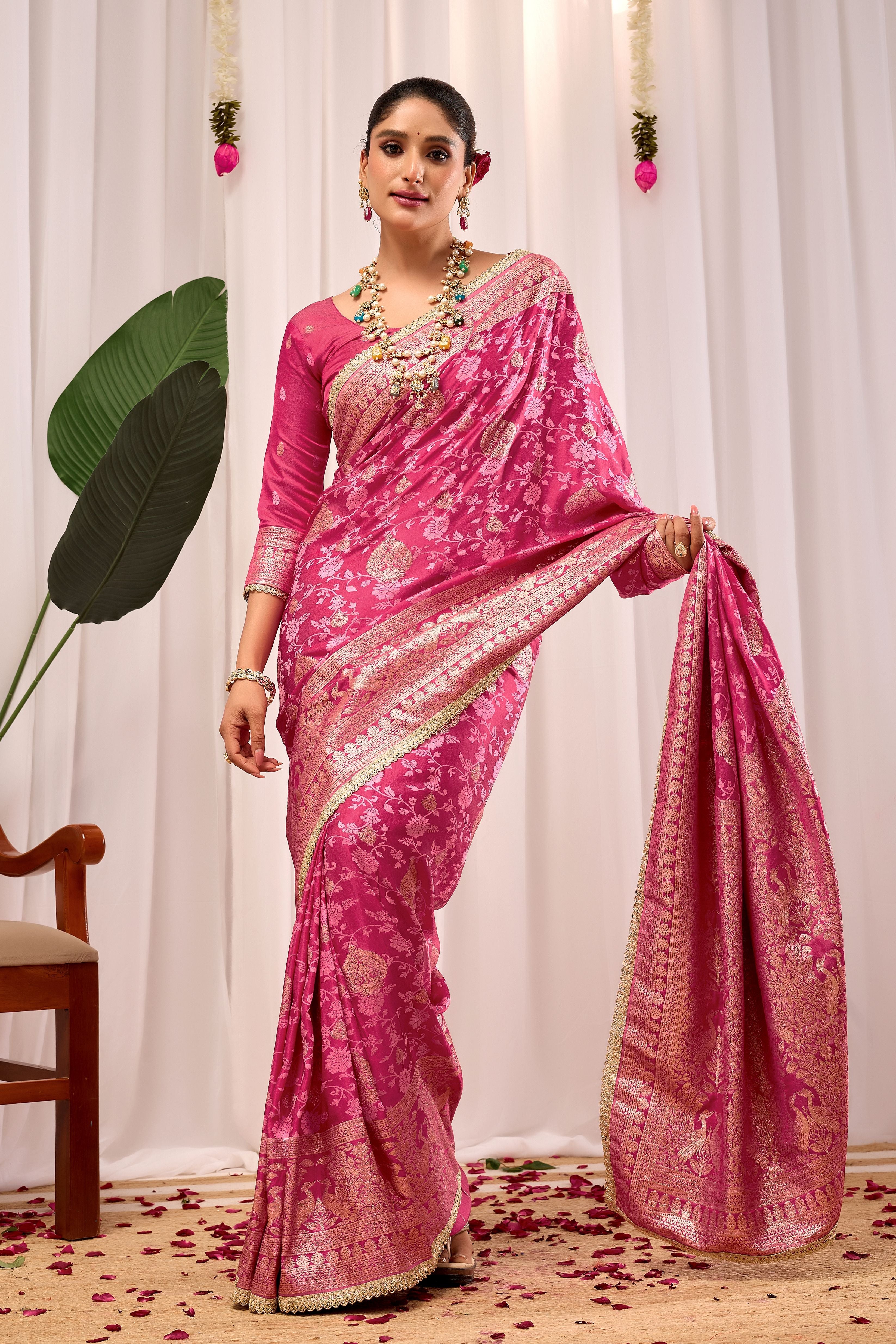 Elegant Rose Pink Floral by Icultuer Featuring Traditional Motifs and Rich Zari Border for Festive Occasions