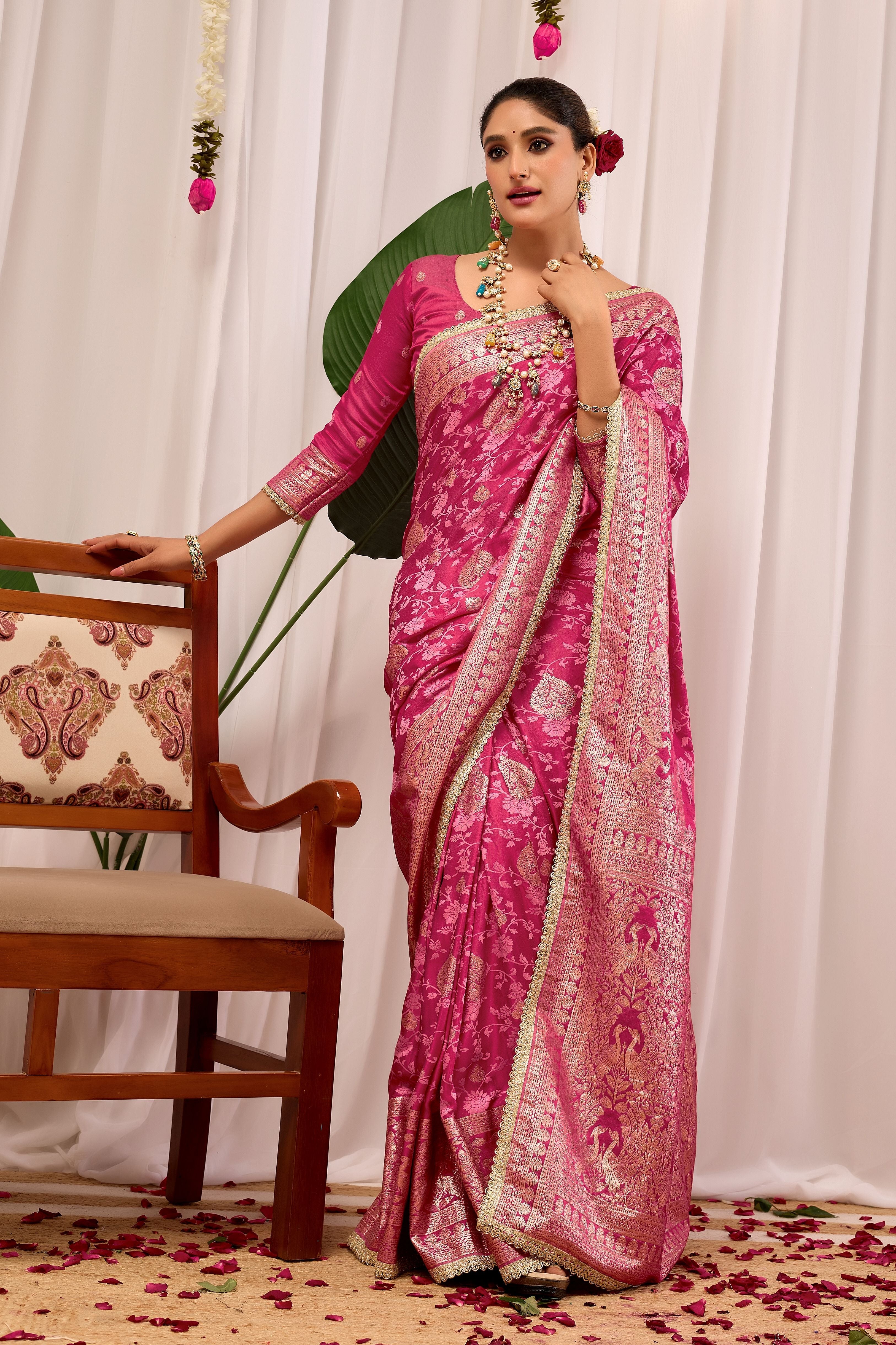 Elegant Rose Pink Floral by Icultuer Featuring Traditional Motifs and Rich Zari Border for Festive Occasions