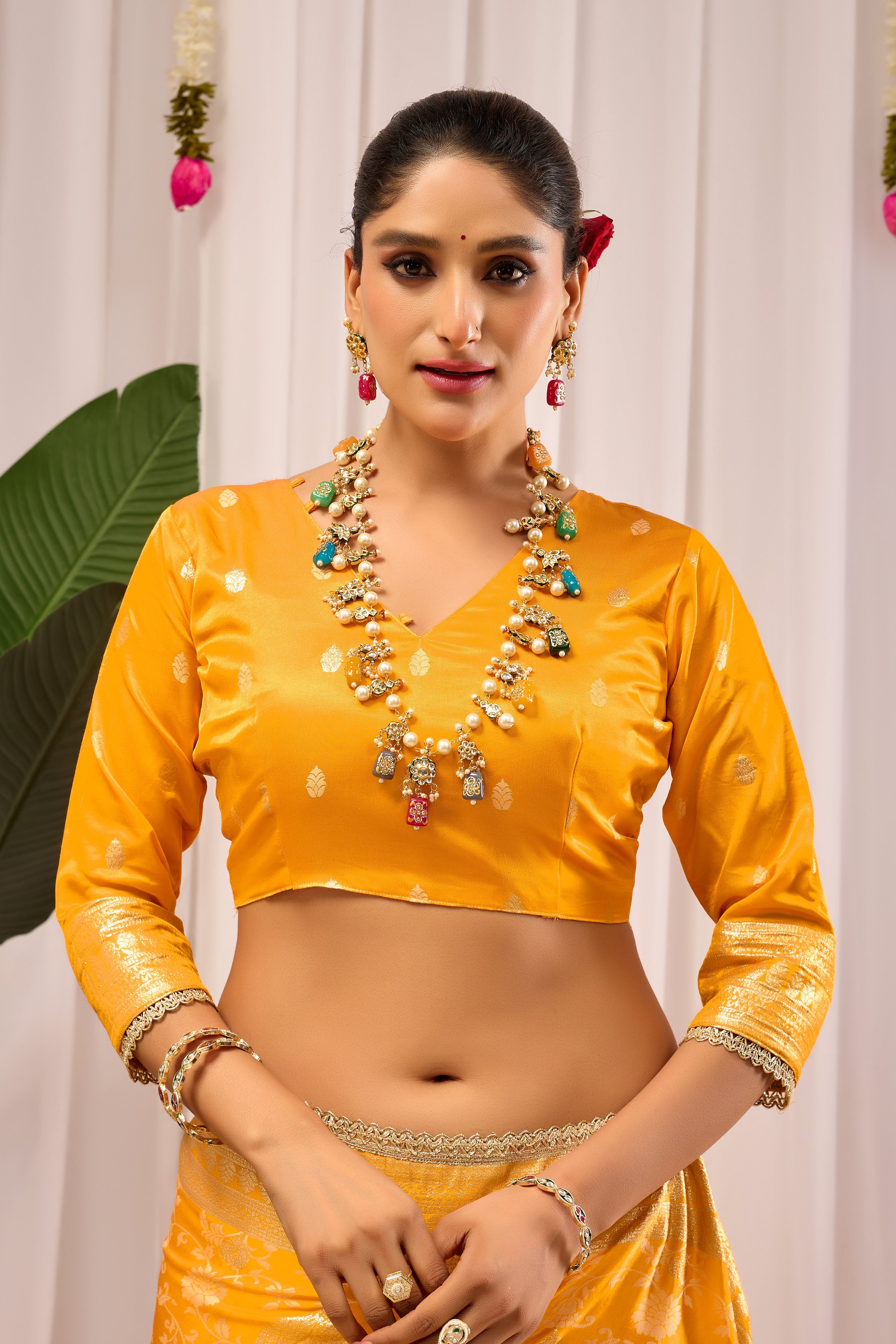 Golden Mustard Heritage Floral  Saree in Luxurious Silk Blend with Intricate Zari Border and Timeless Ethnic Elegance