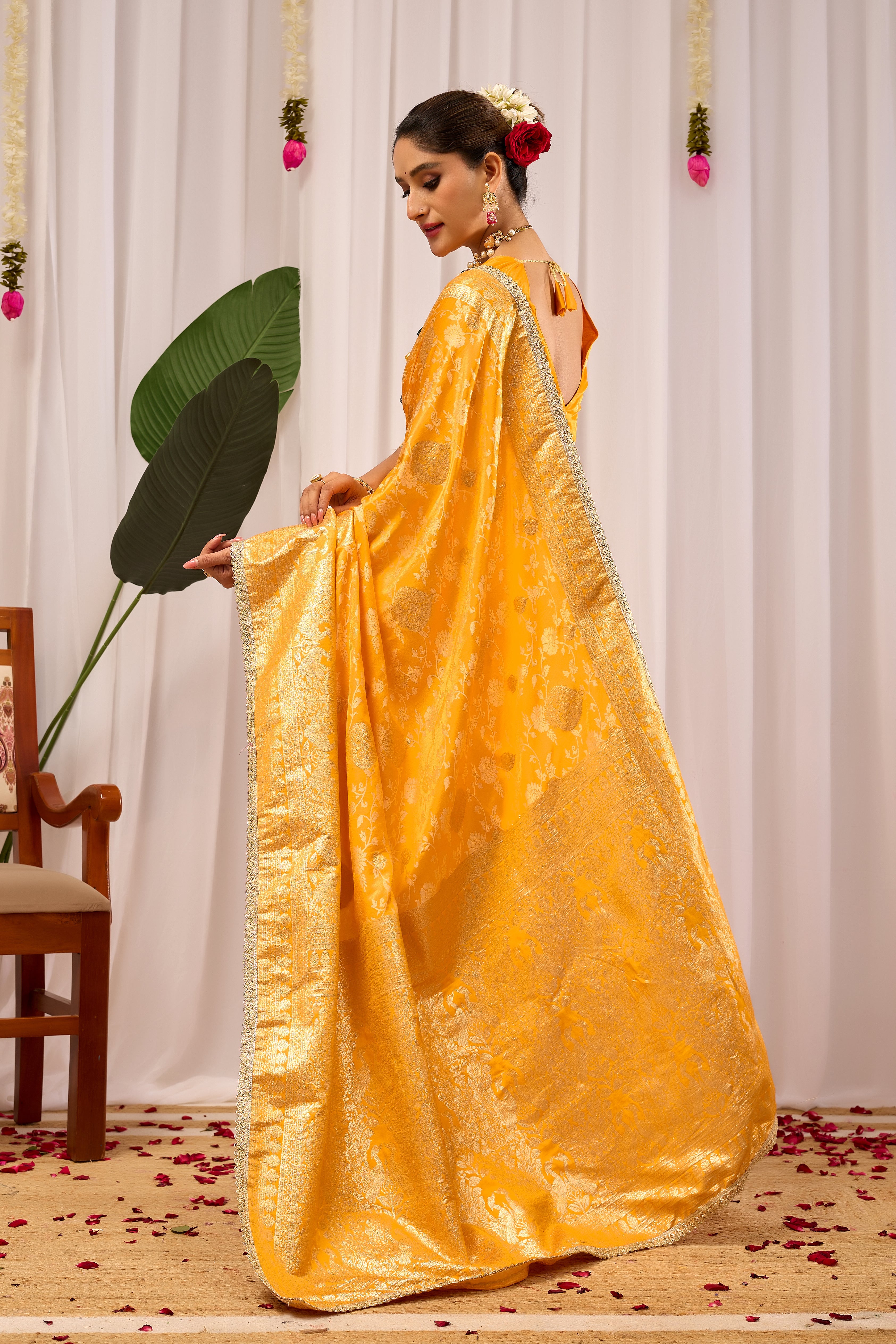 Golden Mustard Heritage Floral  Saree in Luxurious Silk Blend with Intricate Zari Border and Timeless Ethnic Elegance