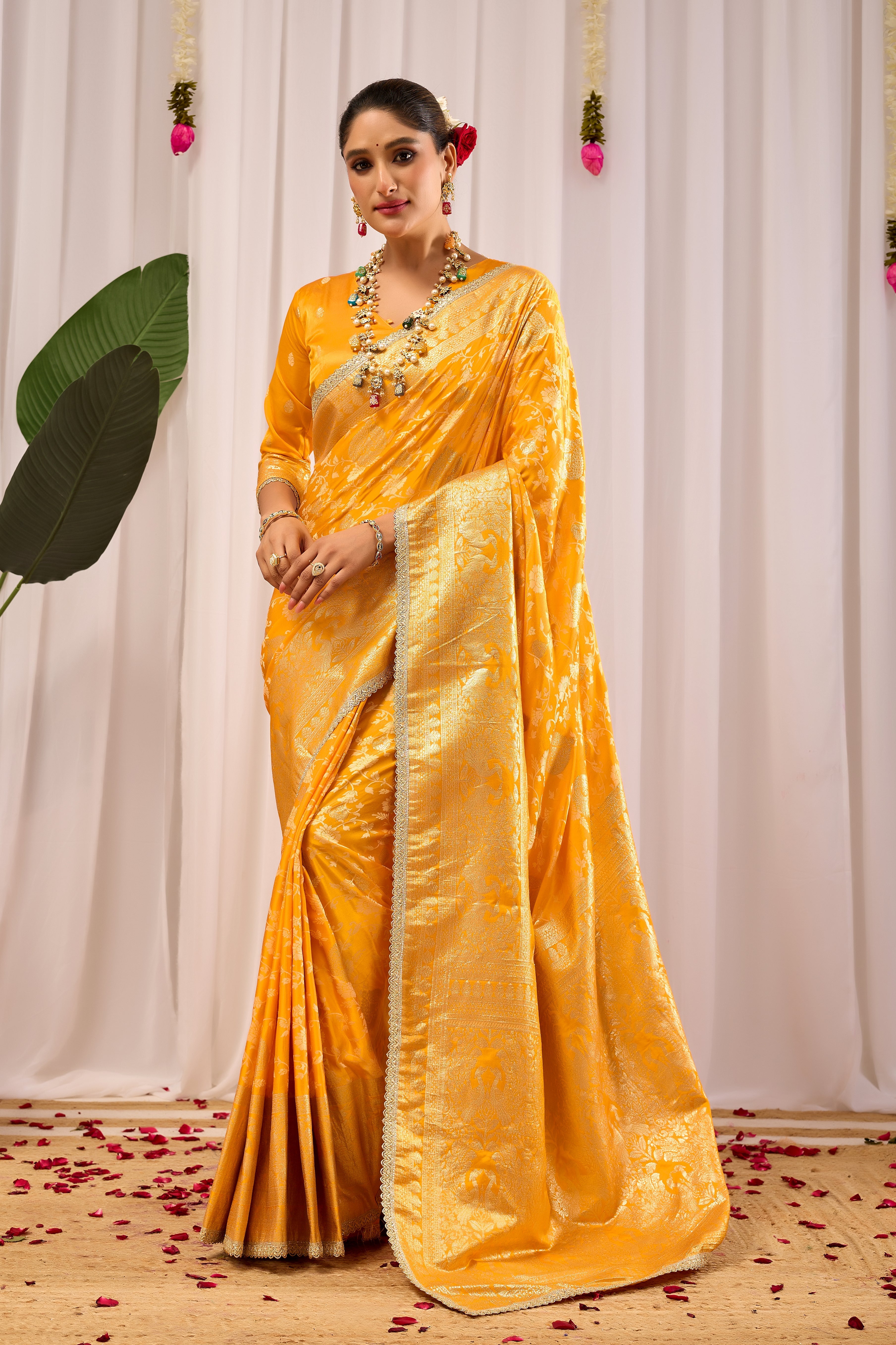 Golden Mustard Heritage Floral  by Icultuer in Luxurious Silk Blend with Intricate Zari Border and Timeless Ethnic Elegance