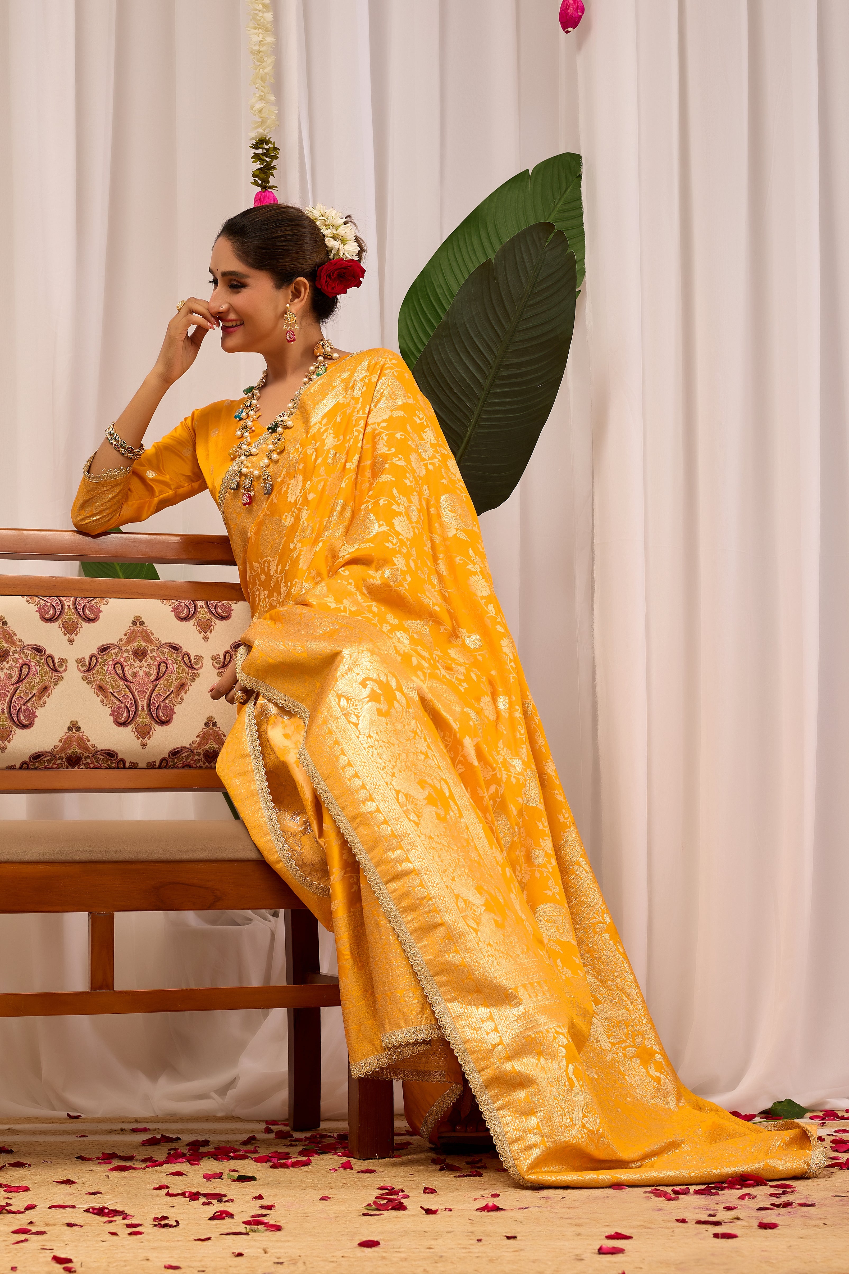 Golden Mustard Heritage Floral  Saree in Luxurious Silk Blend with Intricate Zari Border and Timeless Ethnic Elegance