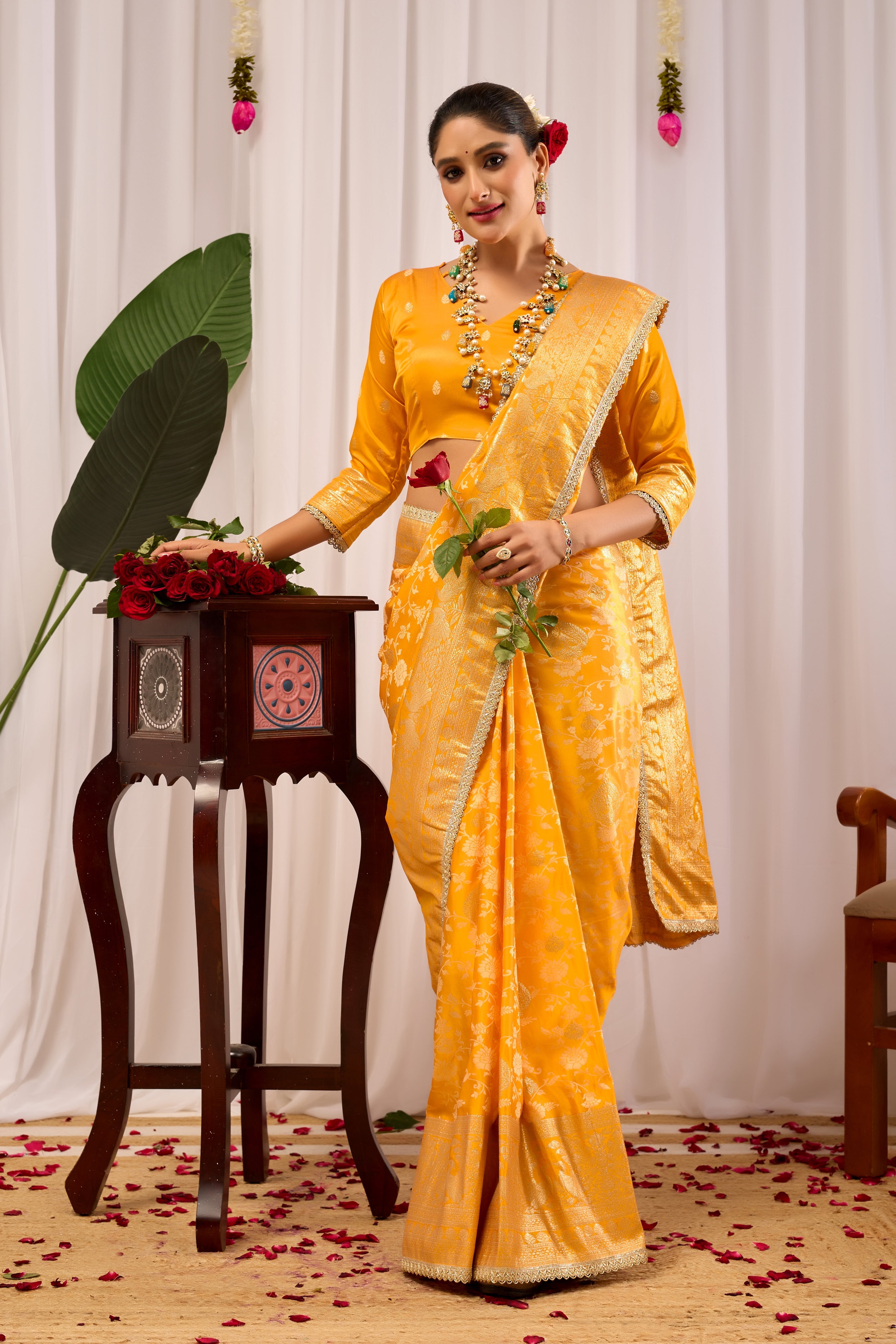 Golden Mustard Heritage Floral  by Icultuer in Luxurious Silk Blend with Intricate Zari Border and Timeless Ethnic Elegance