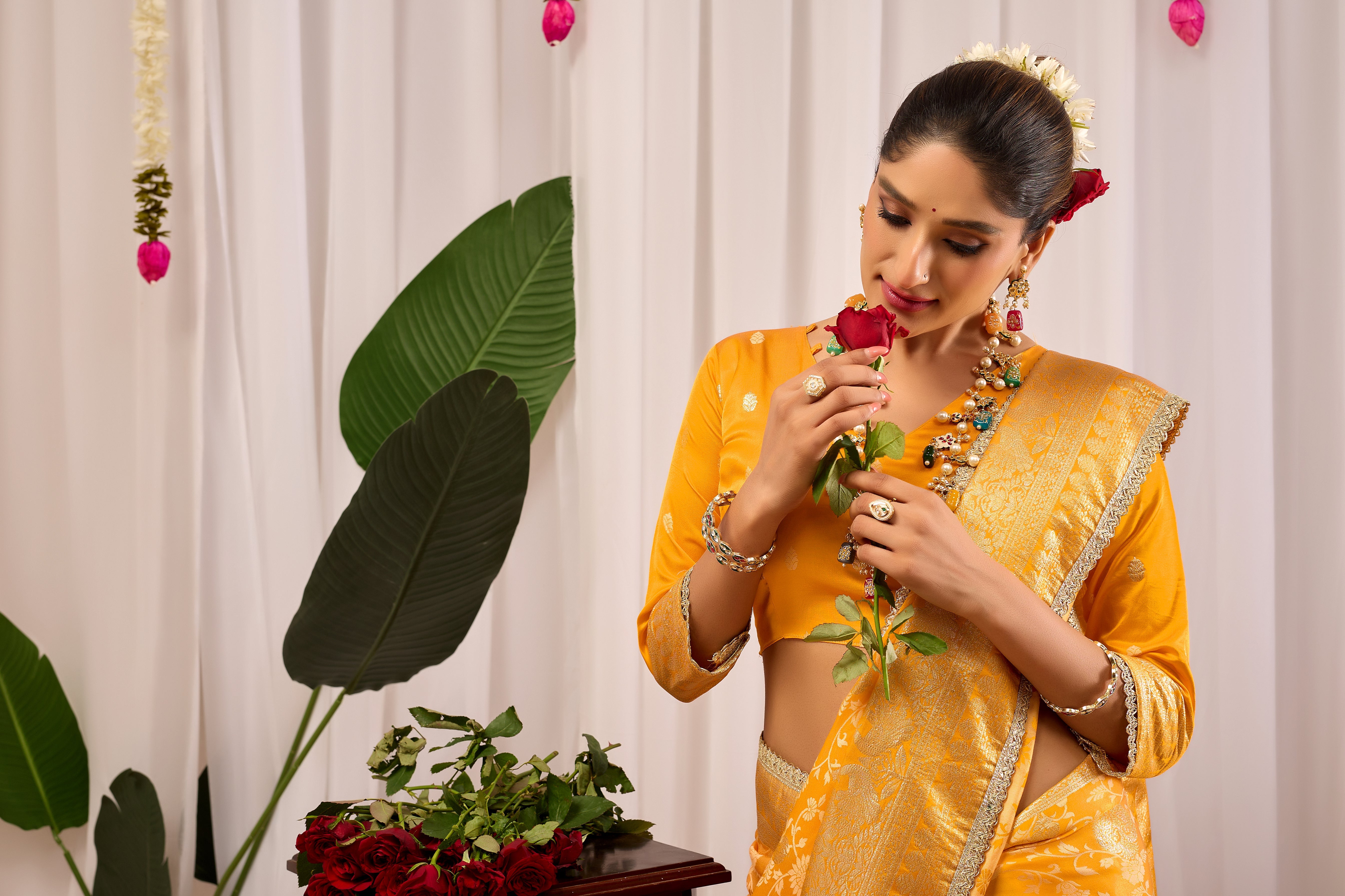 Golden Mustard Heritage Floral  Saree in Luxurious Silk Blend with Intricate Zari Border and Timeless Ethnic Elegance