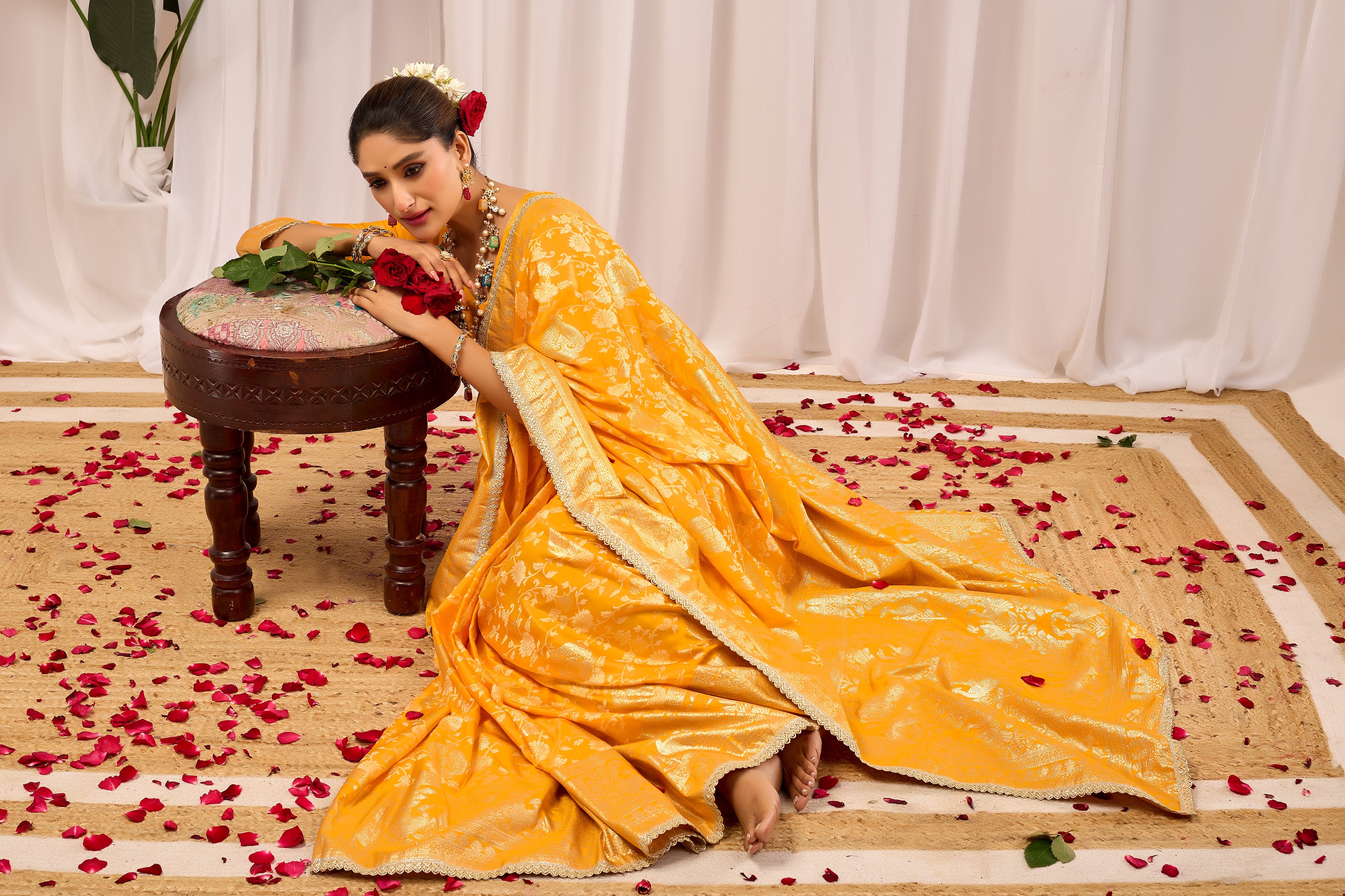 Golden Mustard Heritage Floral  by Icultuer in Luxurious Silk Blend with Intricate Zari Border and Timeless Ethnic Elegance