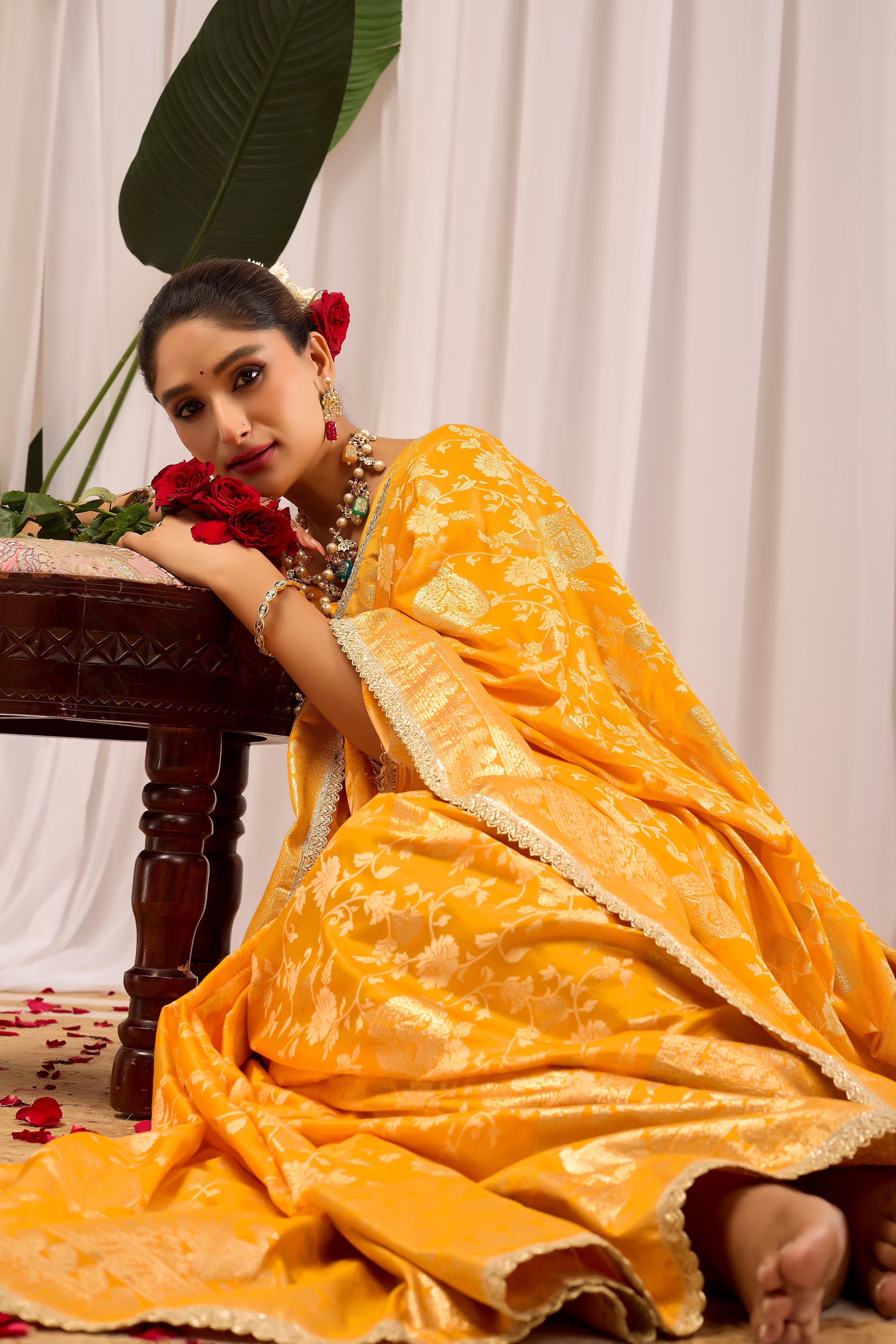 Golden Mustard Heritage Floral  by Icultuer in Luxurious Silk Blend with Intricate Zari Border and Timeless Ethnic Elegance