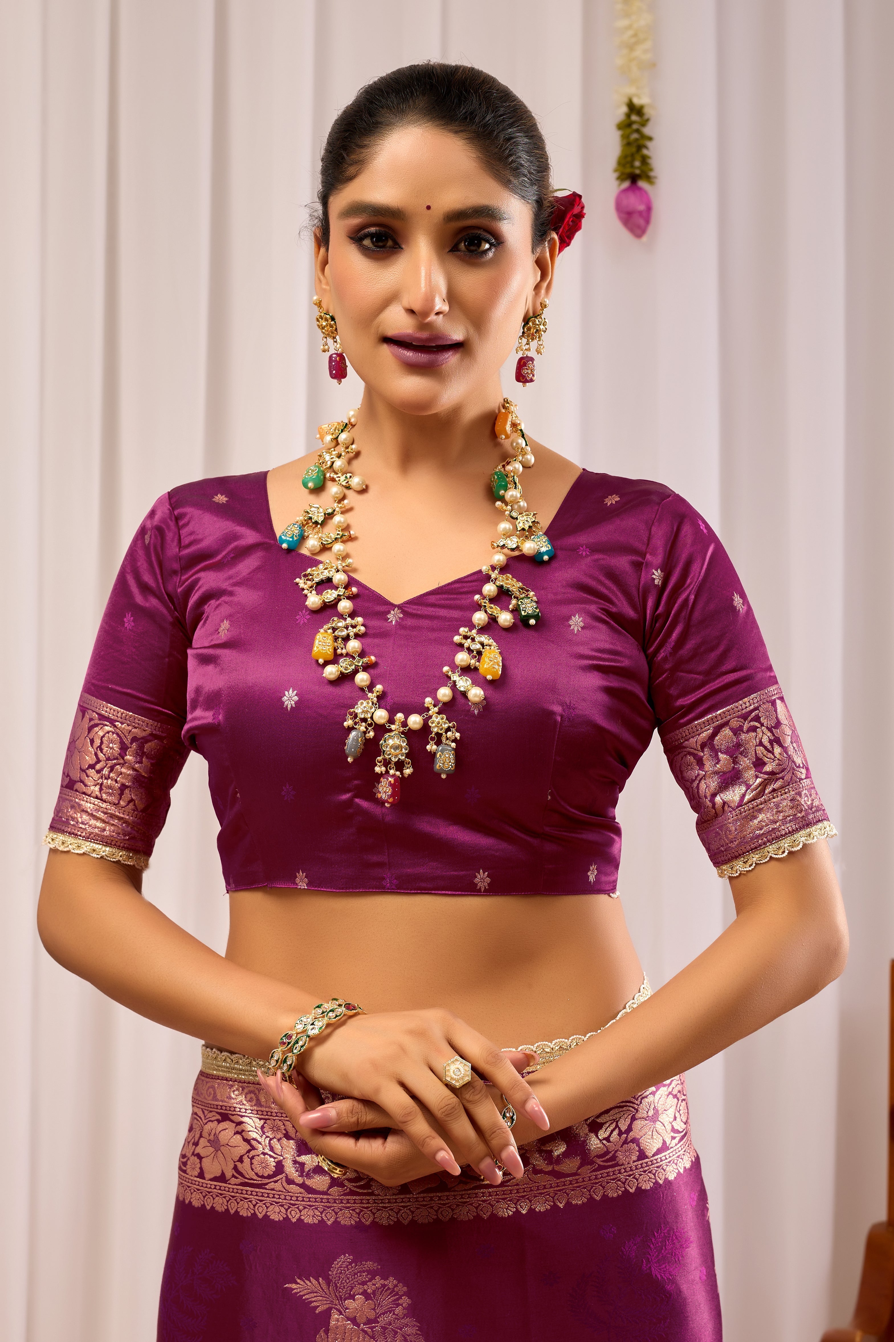 Royal Wine Purple Heritage Floral  by Icultuer in Luxurious Silk Blend with Rich Gold Zari Border and Timeless Traditional Elegance