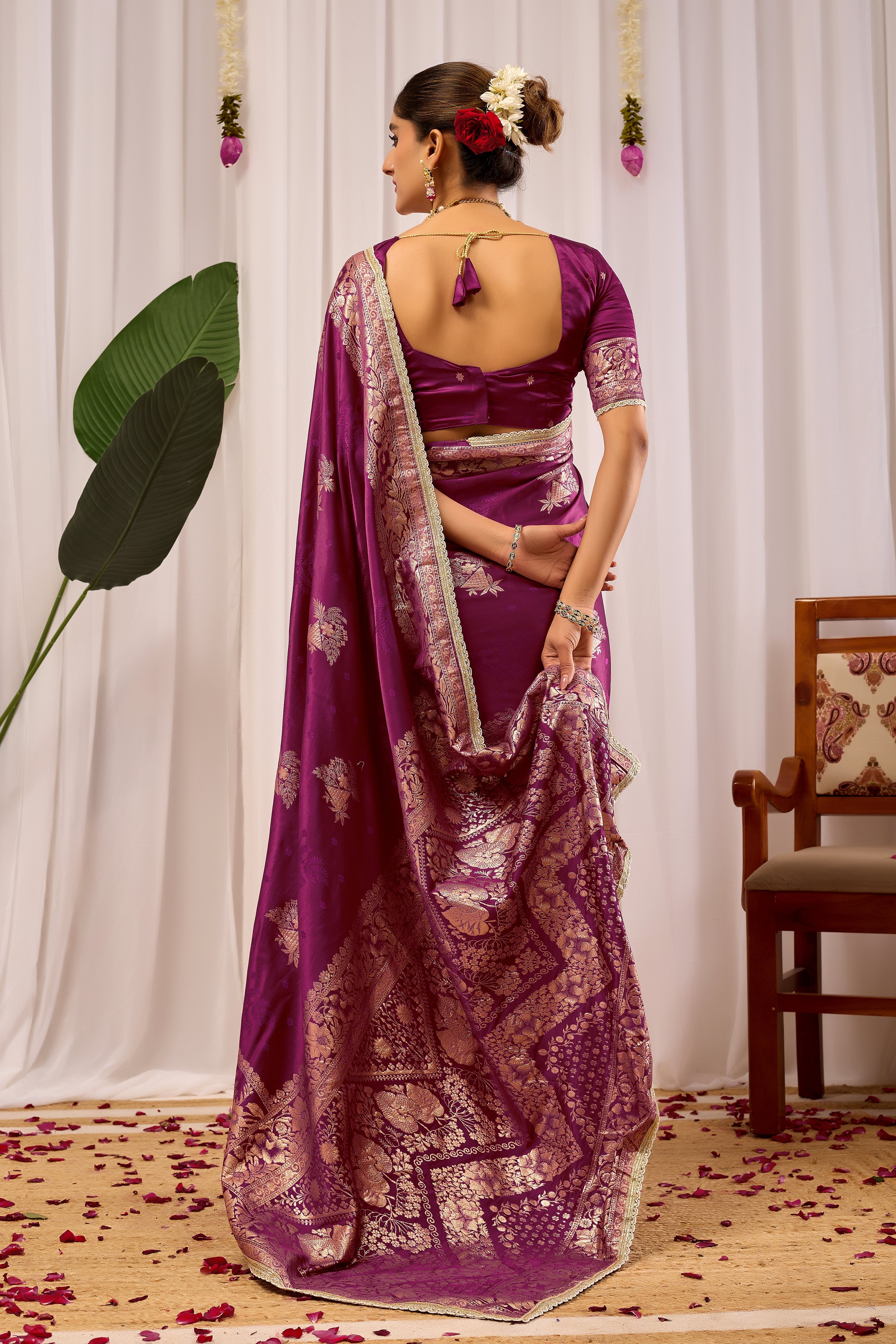 Royal Wine Purple Heritage Floral  by Icultuer in Luxurious Silk Blend with Rich Gold Zari Border and Timeless Traditional Elegance