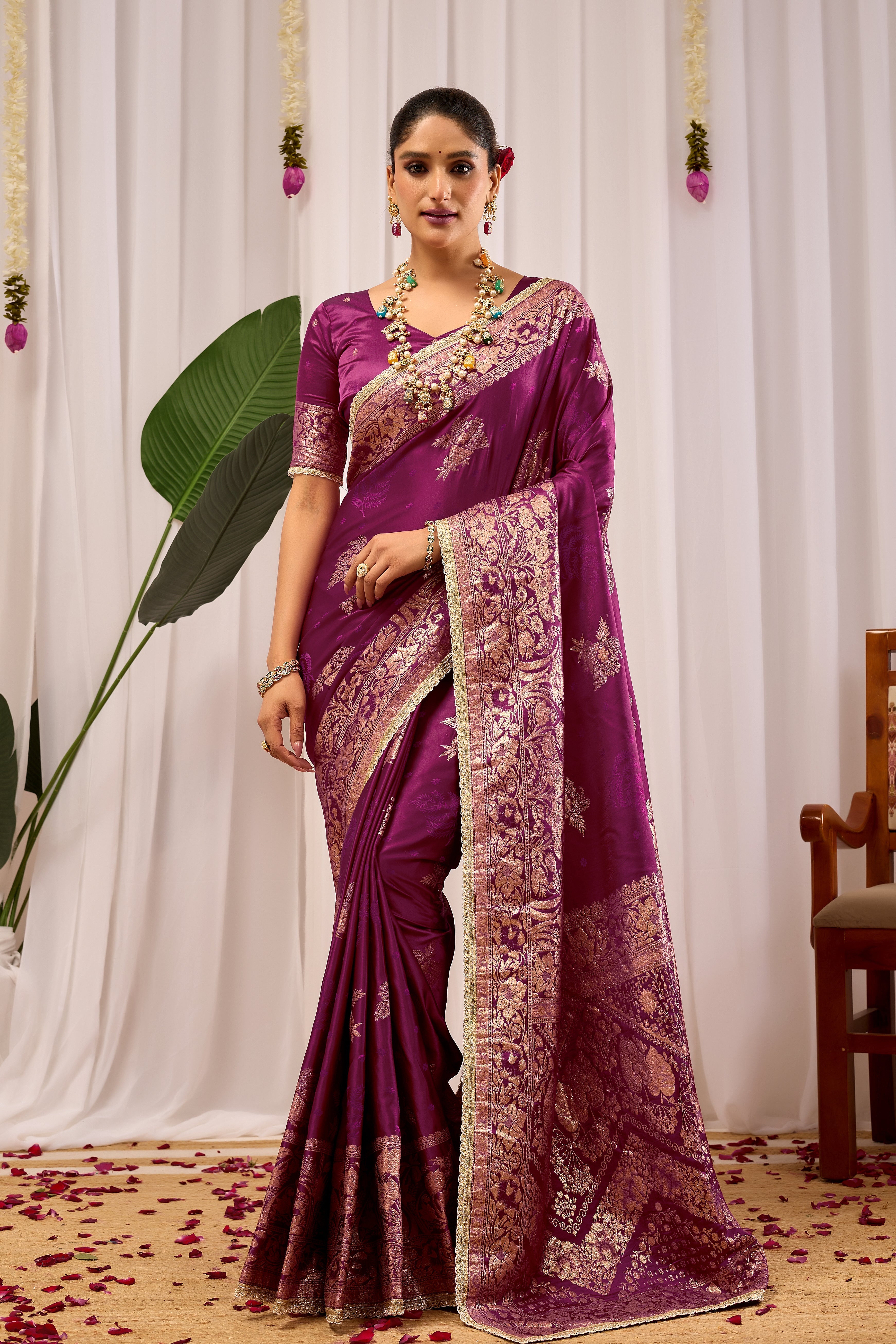 Royal Wine Purple Heritage Floral  by Icultuer in Luxurious Silk Blend with Rich Gold Zari Border and Timeless Traditional Elegance