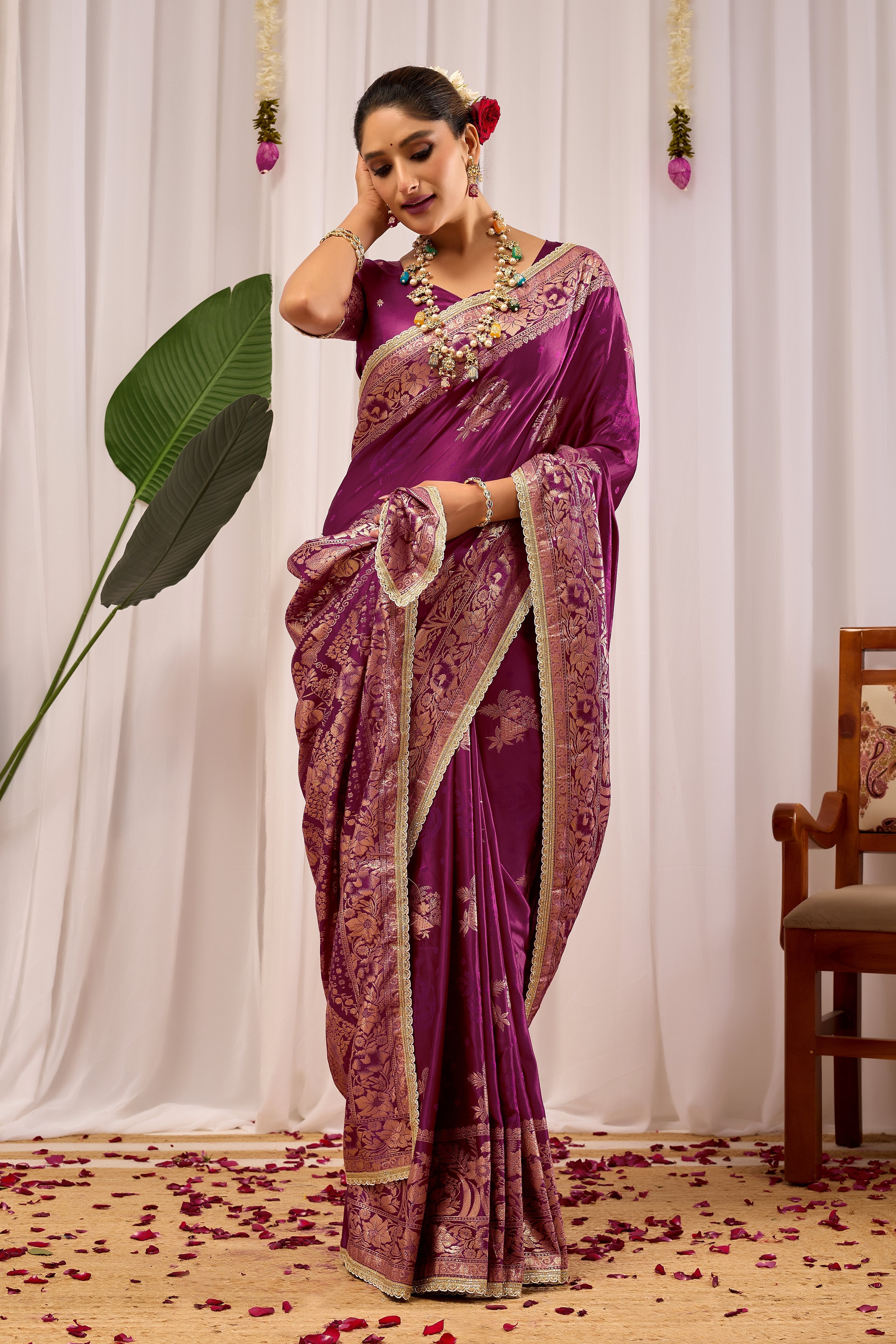 Royal Wine Purple Heritage Floral  by Icultuer in Luxurious Silk Blend with Rich Gold Zari Border and Timeless Traditional Elegance