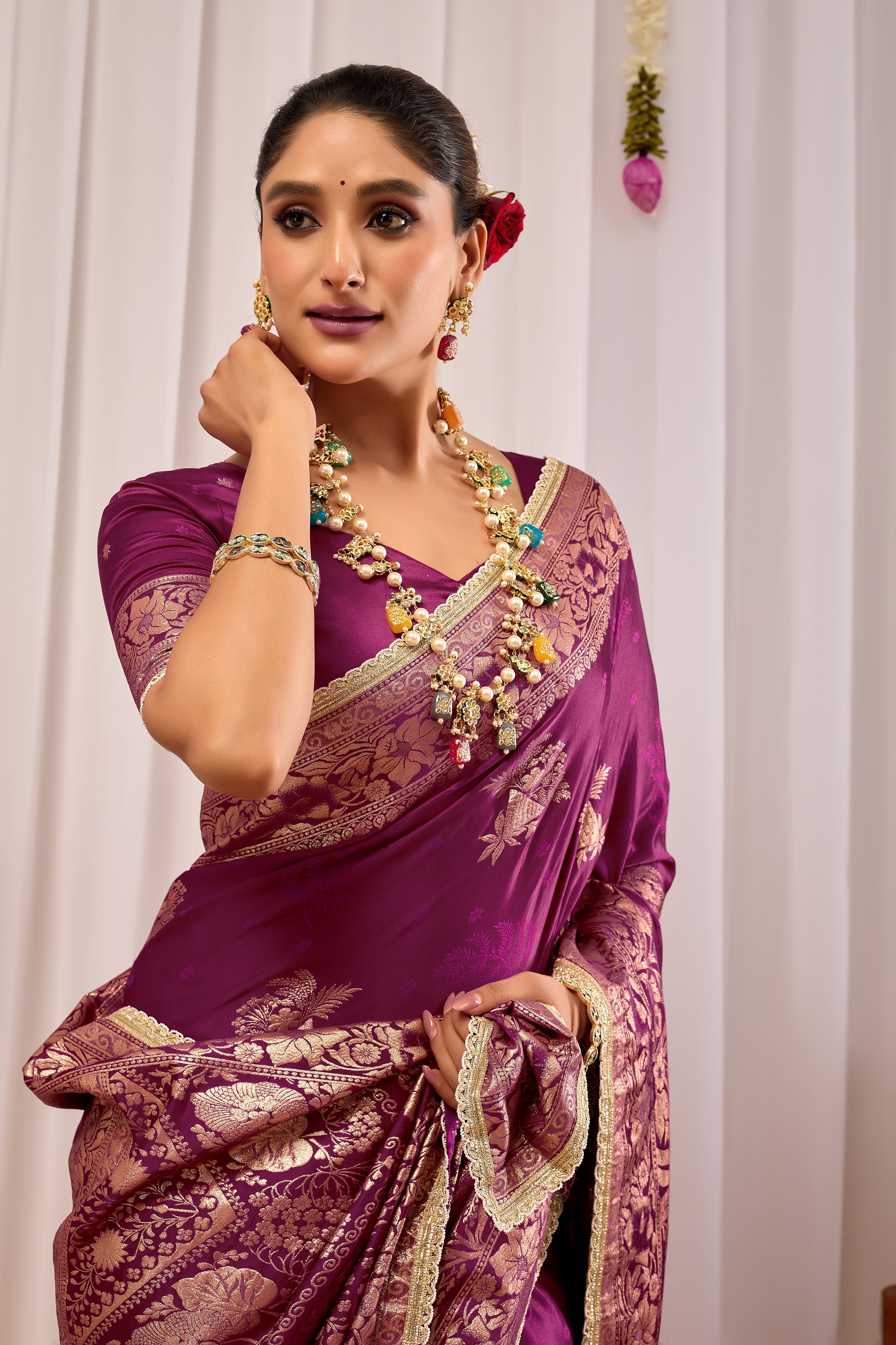 Royal Wine Purple Heritage Floral  by Icultuer in Luxurious Silk Blend with Rich Gold Zari Border and Timeless Traditional Elegance