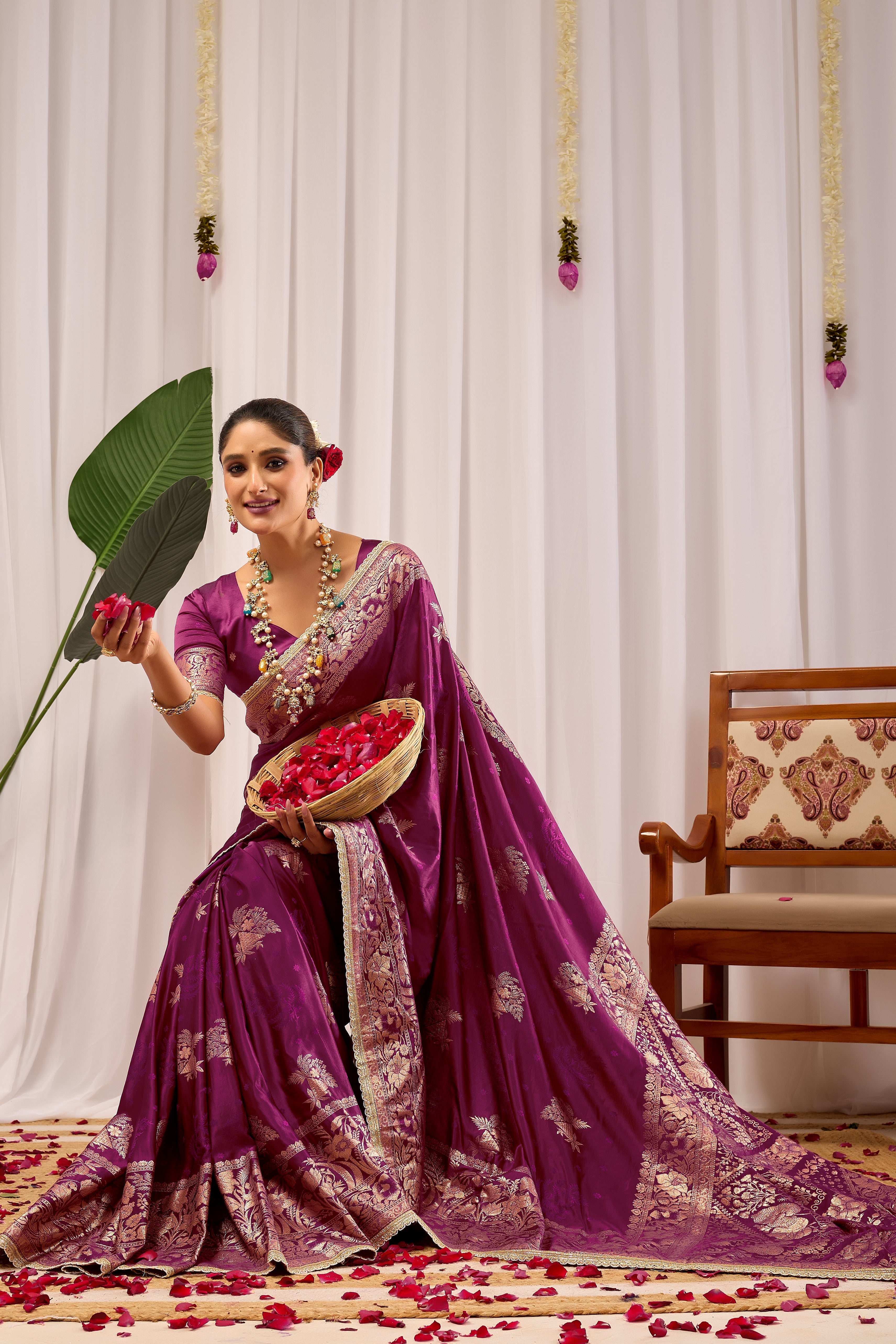Royal Wine Purple Heritage Floral  by Icultuer in Luxurious Silk Blend with Rich Gold Zari Border and Timeless Traditional Elegance