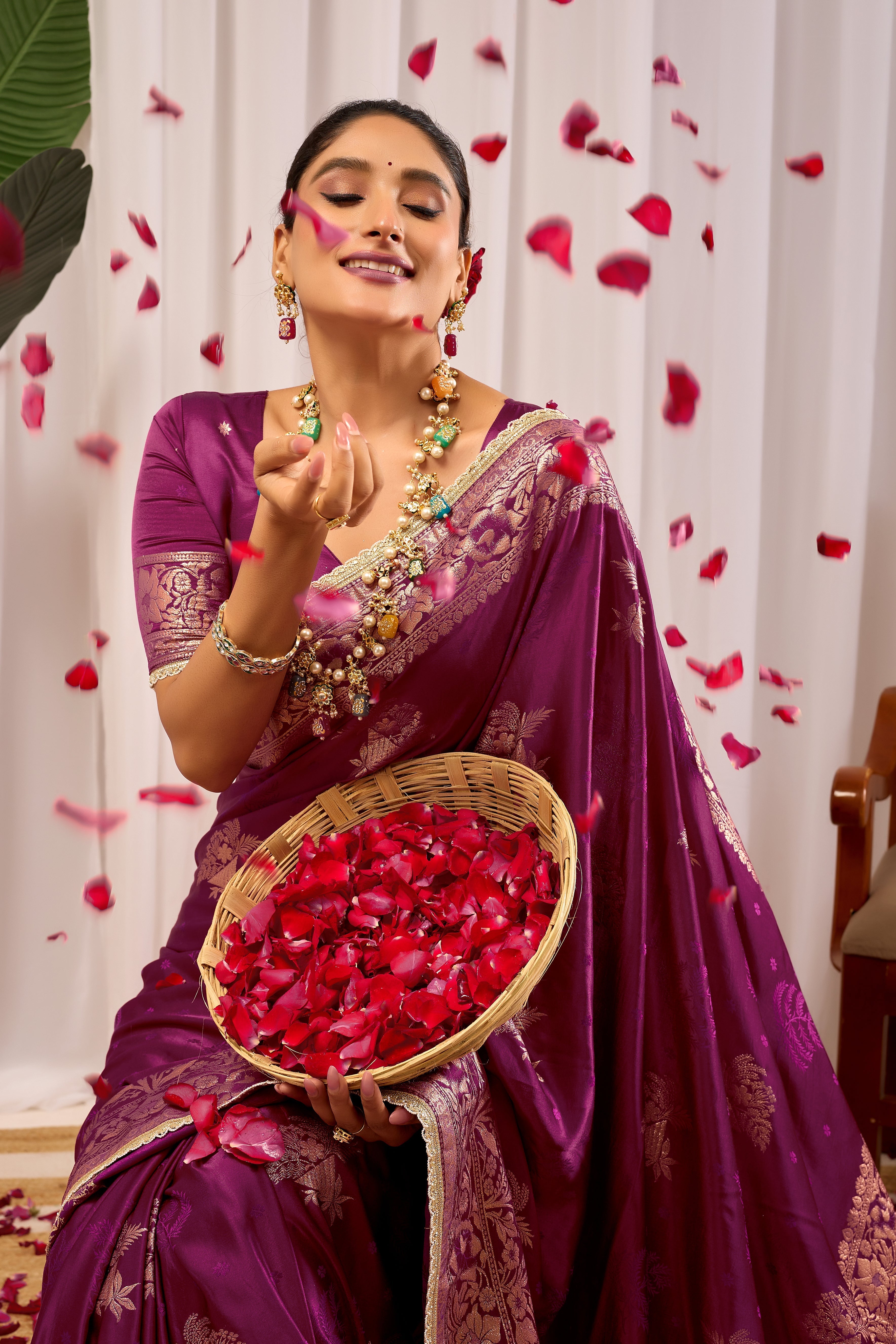 Royal Wine Purple Heritage Floral  by Icultuer in Luxurious Silk Blend with Rich Gold Zari Border and Timeless Traditional Elegance
