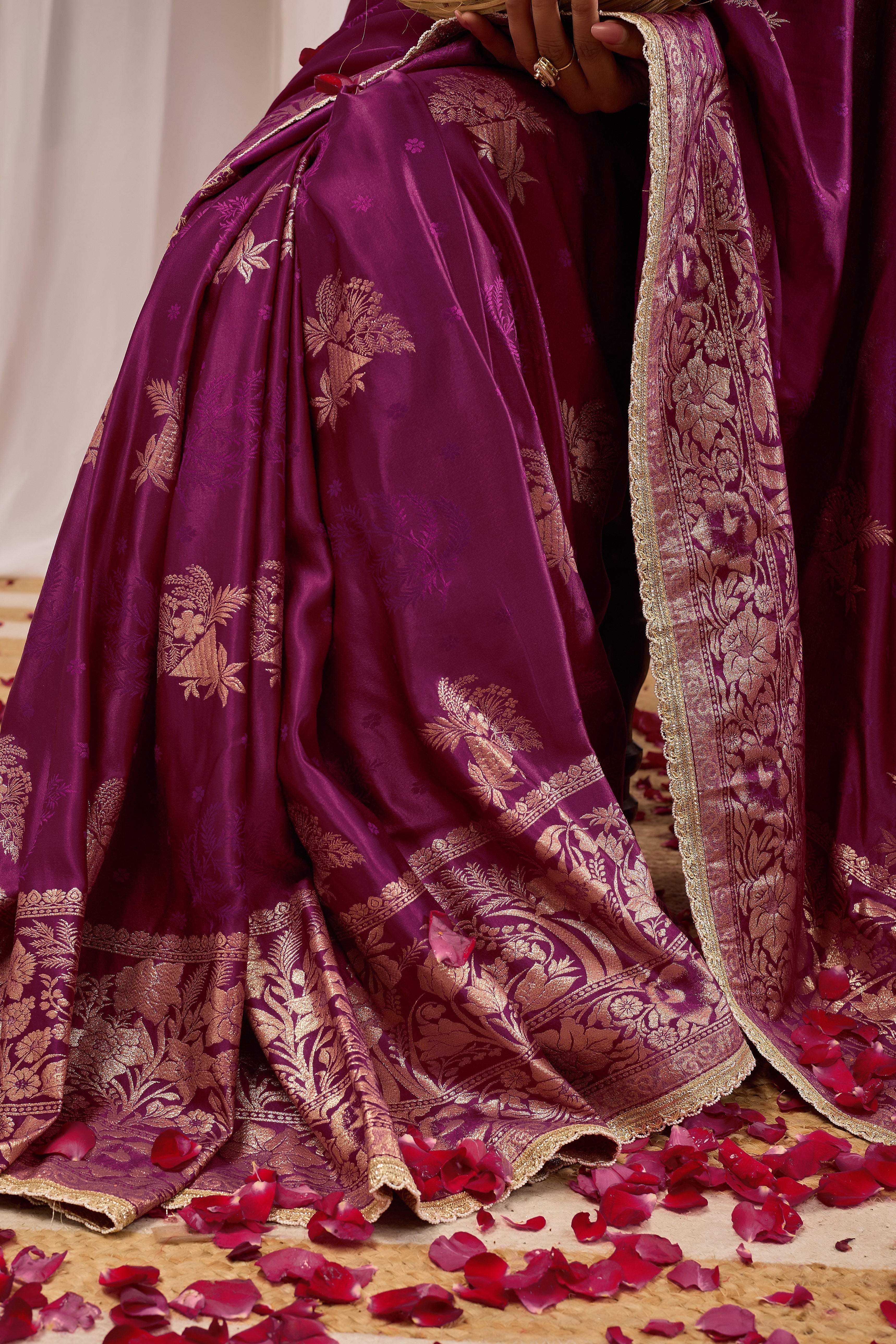 Royal Wine Purple Heritage Floral  by Icultuer in Luxurious Silk Blend with Rich Gold Zari Border and Timeless Traditional Elegance