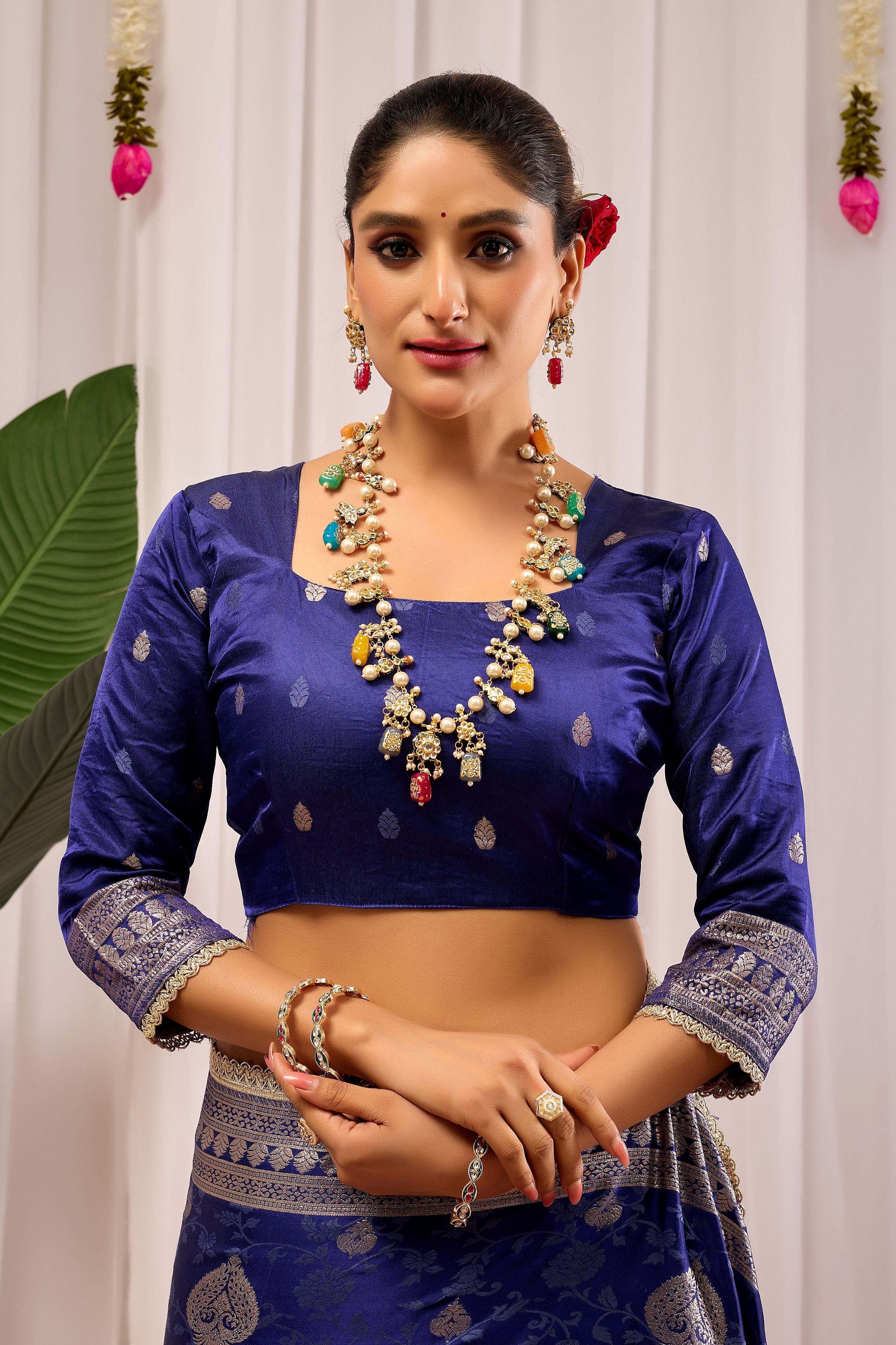Royal Midnight Blue Heritage Floral  by Icultuer in Luxurious Silk Blend with Intricate Silver Zari Border and Timeless Ethnic Elegance
