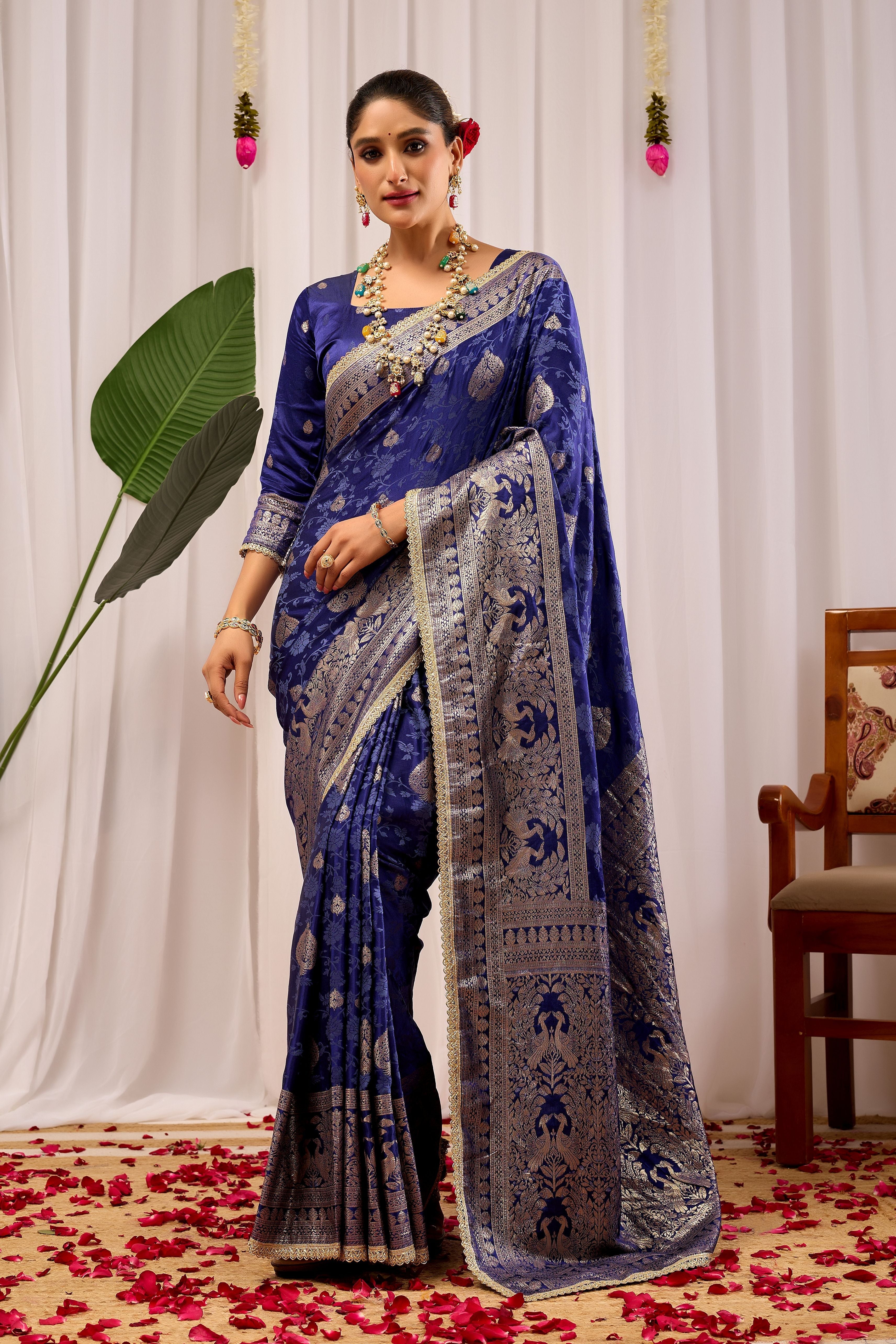 Royal Midnight Blue Heritage Floral  by Icultuer in Luxurious Silk Blend with Intricate Silver Zari Border and Timeless Ethnic Elegance