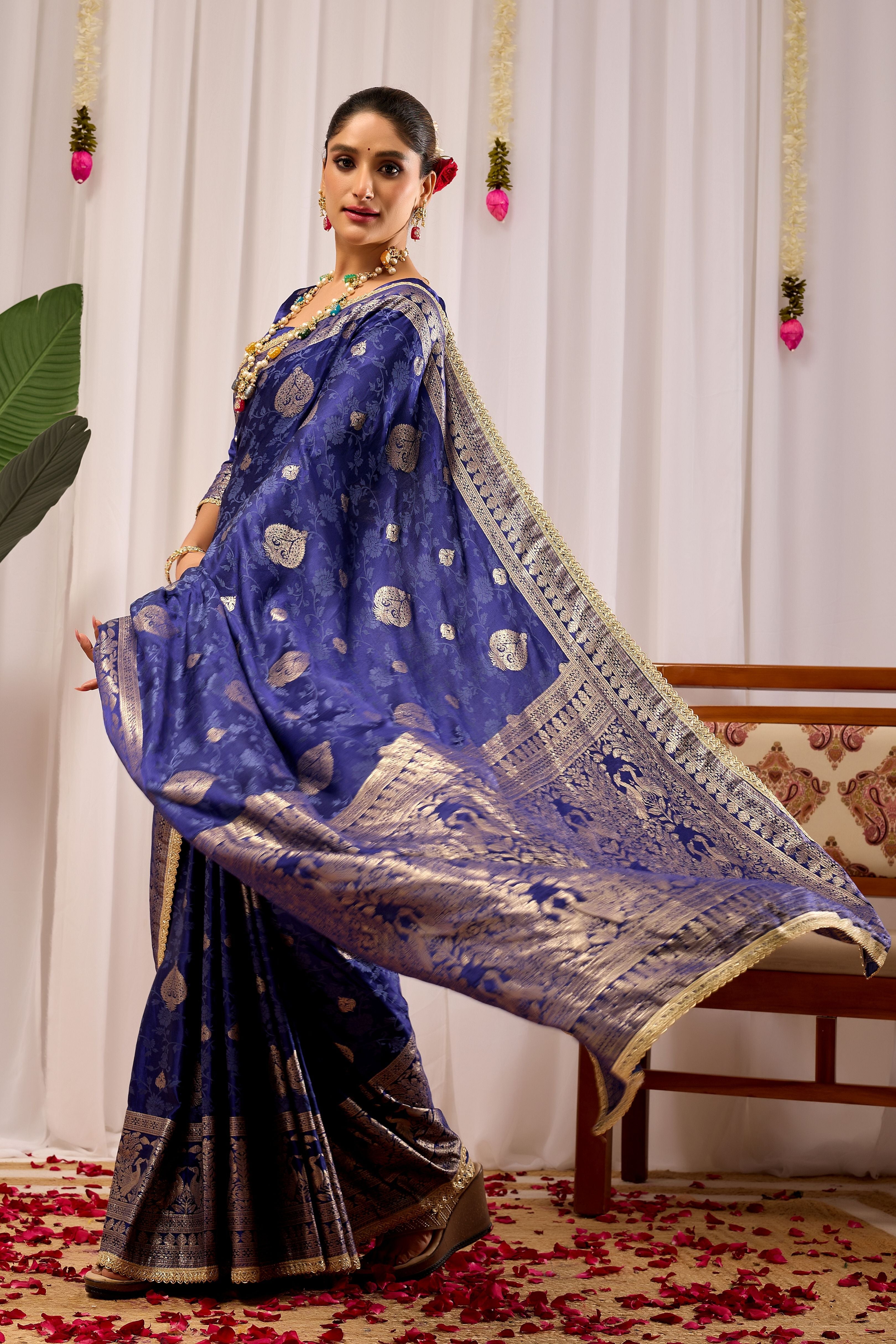 Royal Midnight Blue Heritage Floral  by Icultuer in Luxurious Silk Blend with Intricate Silver Zari Border and Timeless Ethnic Elegance