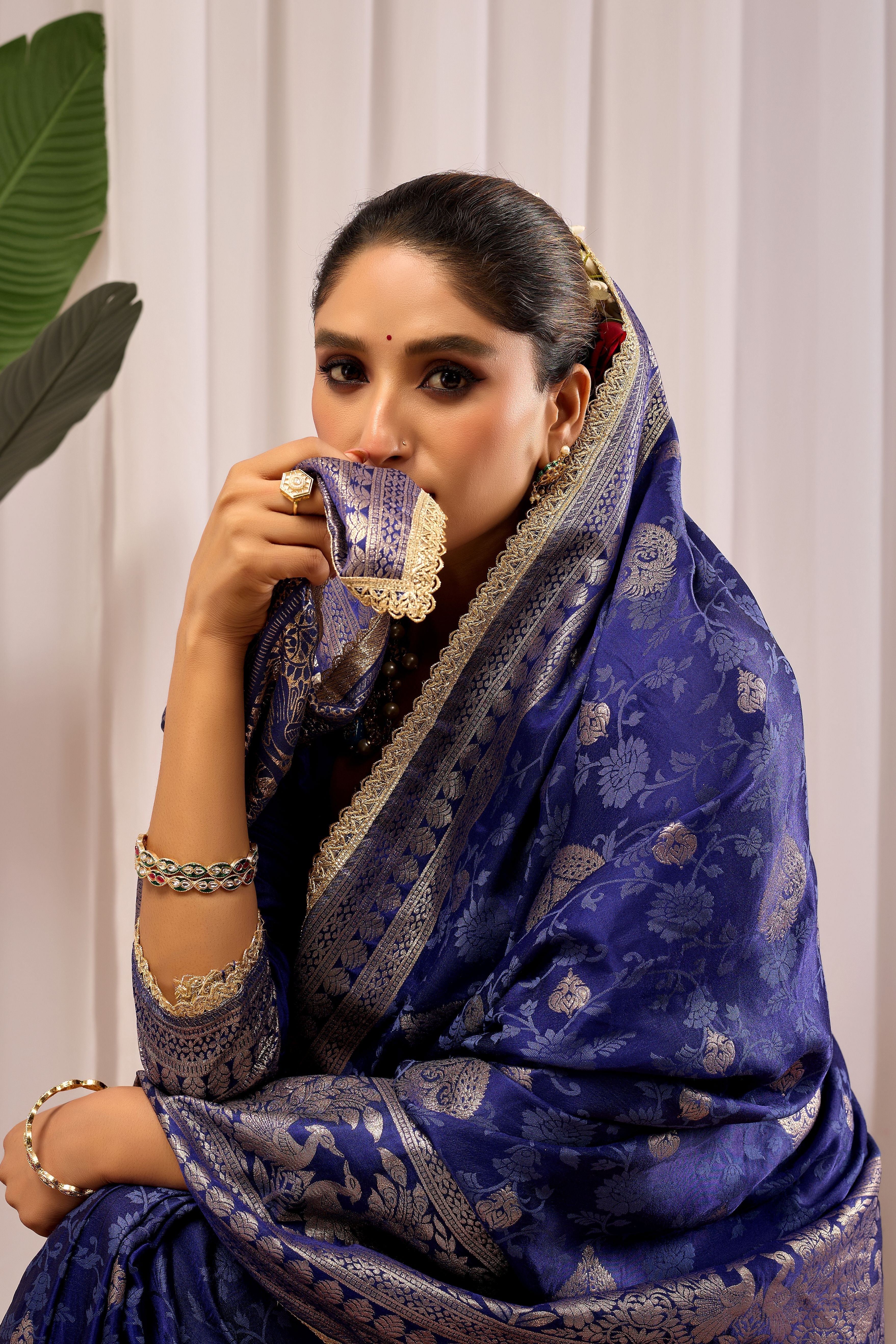 Royal Midnight Blue Heritage Floral  by Icultuer in Luxurious Silk Blend with Intricate Silver Zari Border and Timeless Ethnic Elegance
