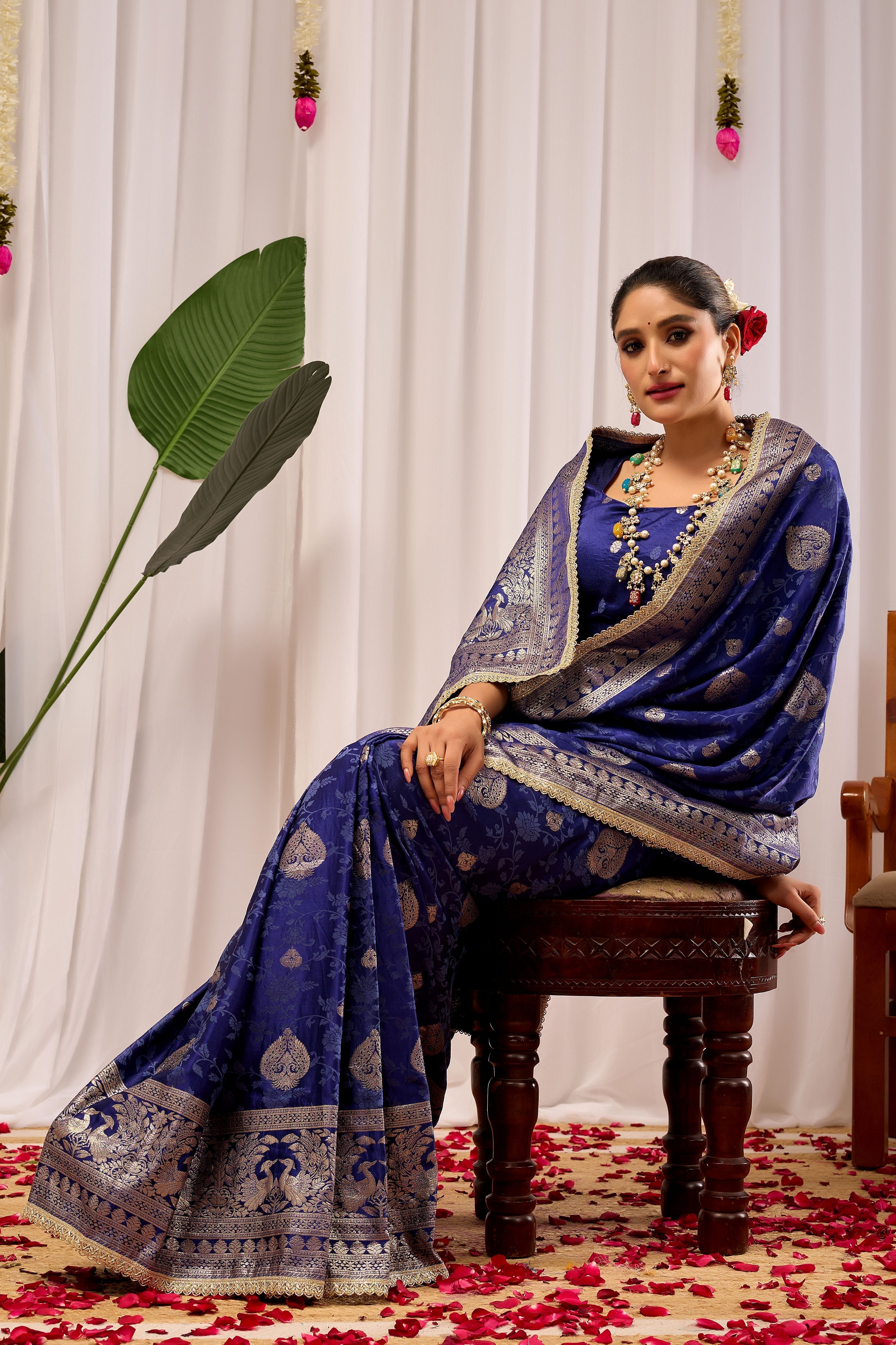 Royal Midnight Blue Heritage Floral  by Icultuer in Luxurious Silk Blend with Intricate Silver Zari Border and Timeless Ethnic Elegance