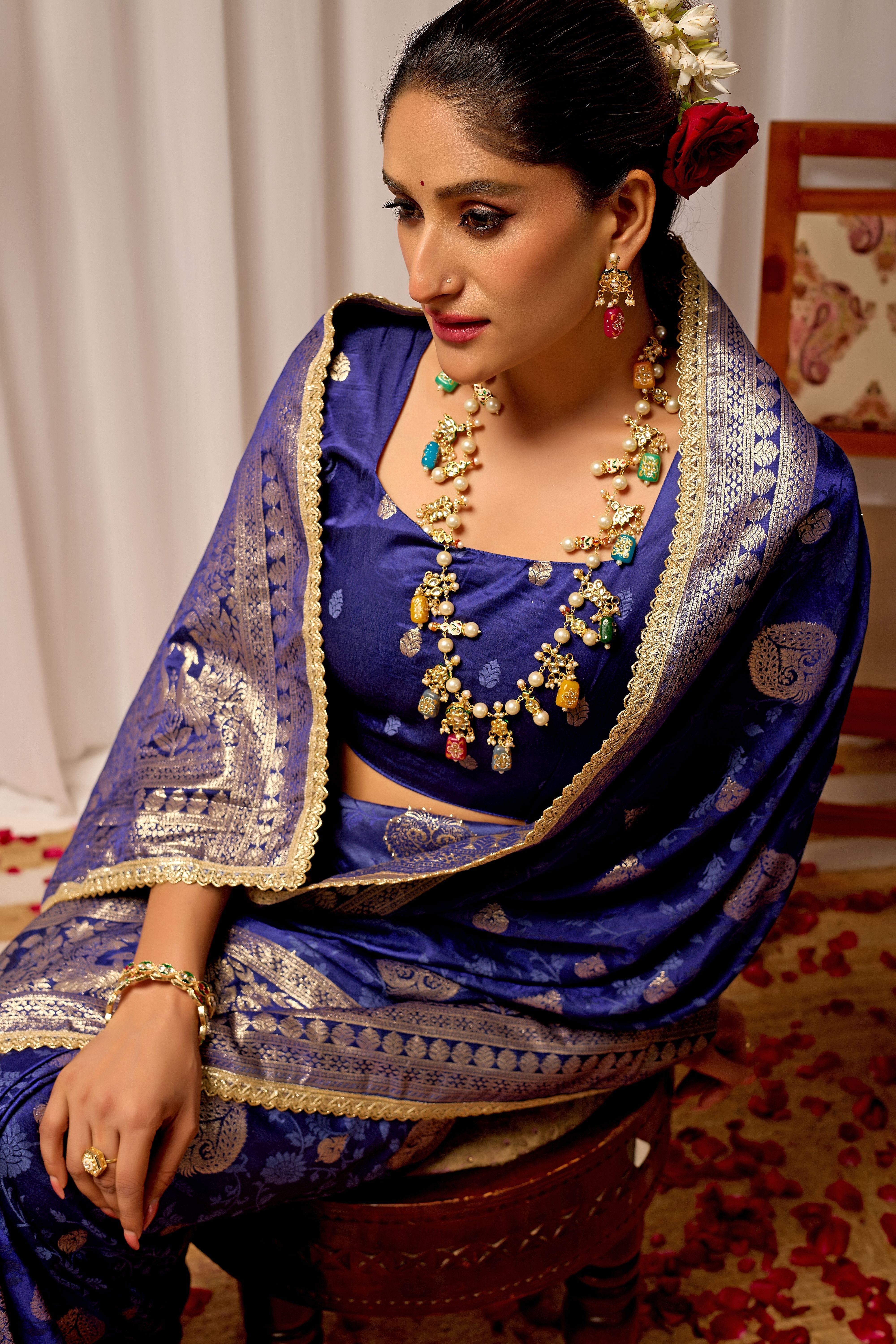 Royal Midnight Blue Heritage Floral  by Icultuer in Luxurious Silk Blend with Intricate Silver Zari Border and Timeless Ethnic Elegance