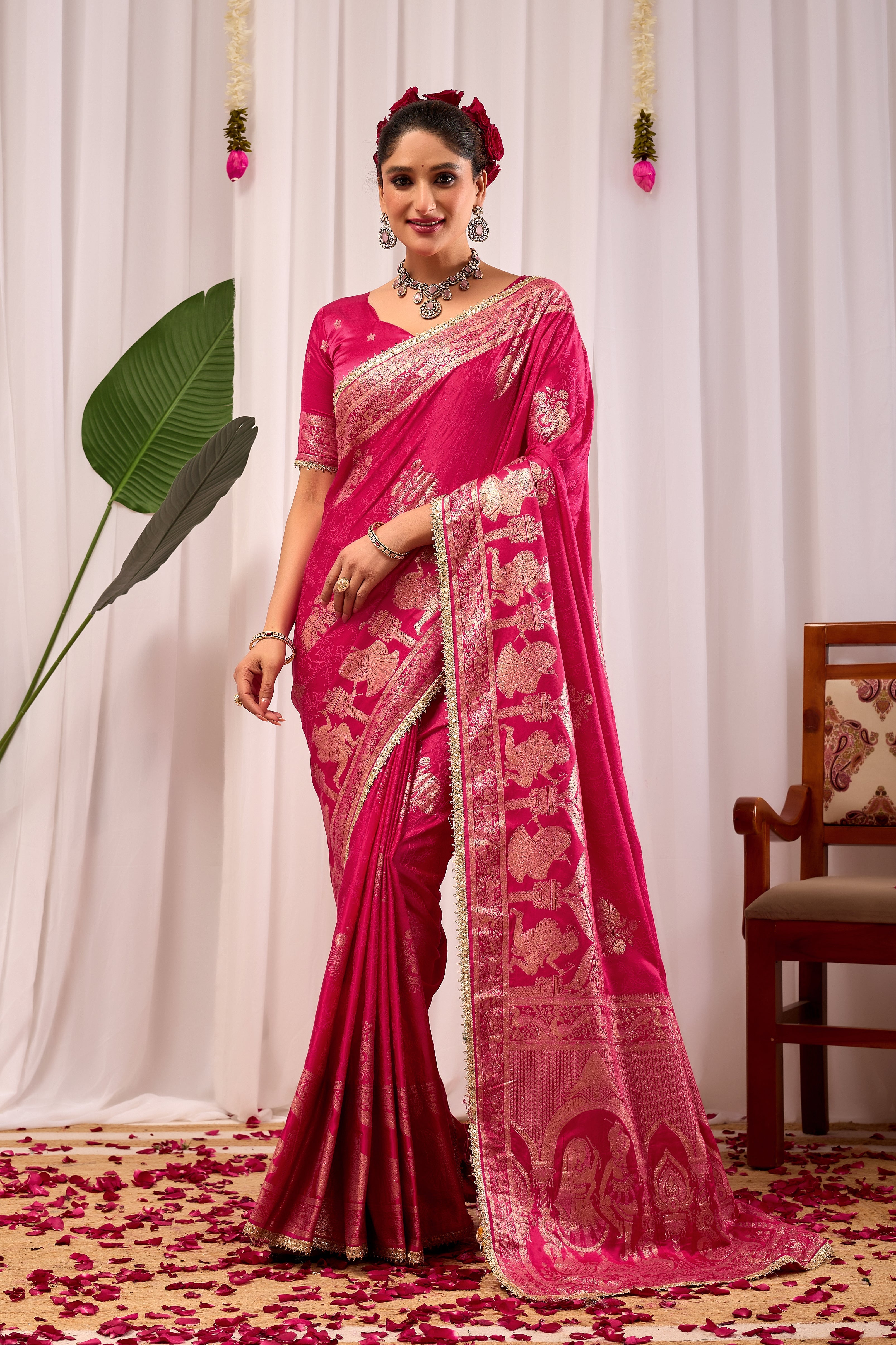 Royal Magenta satin silk by Icultuer with Antique Gold Zari Motifs