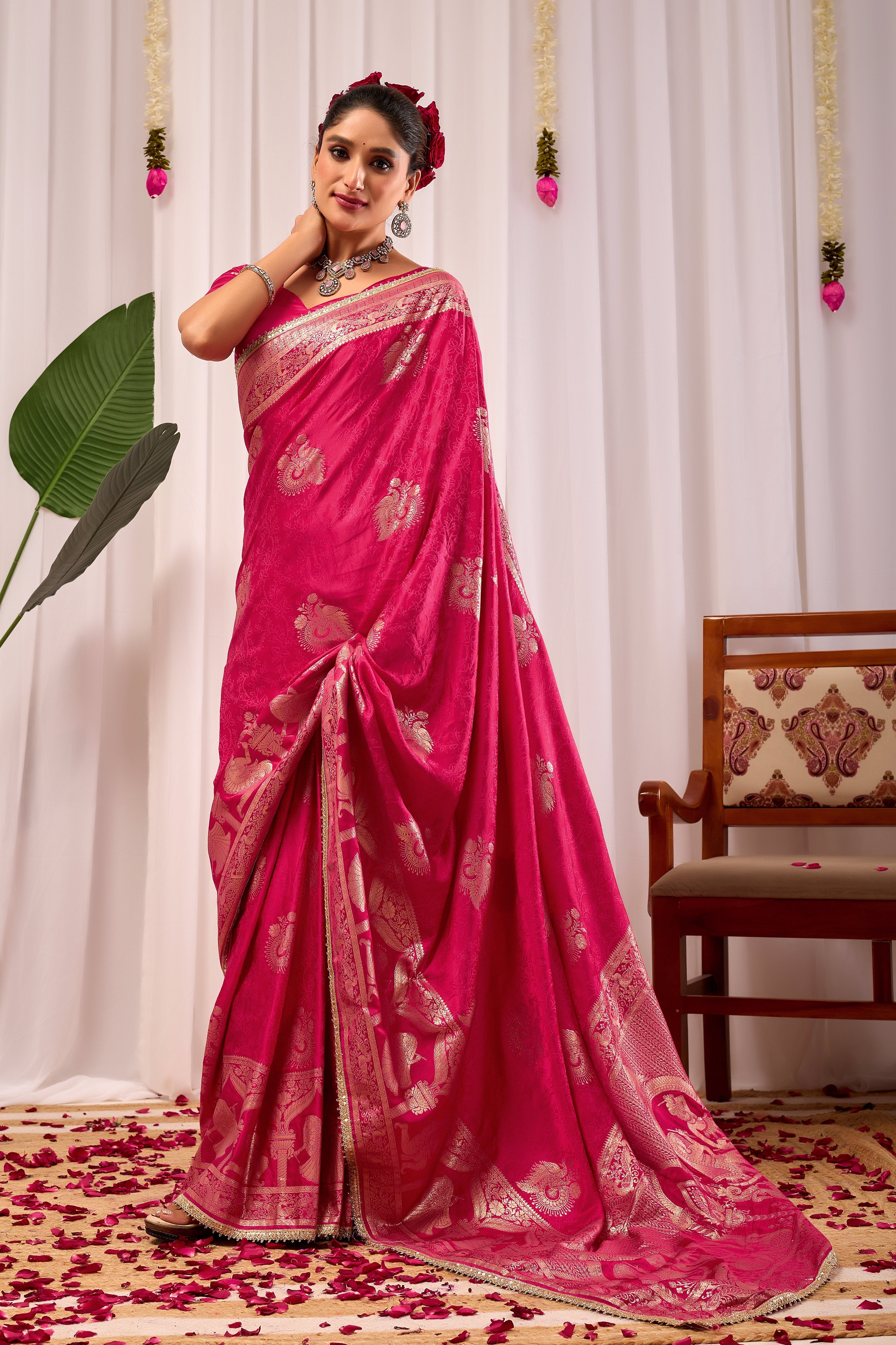 Royal Magenta satin silk by Icultuer with Antique Gold Zari Motifs