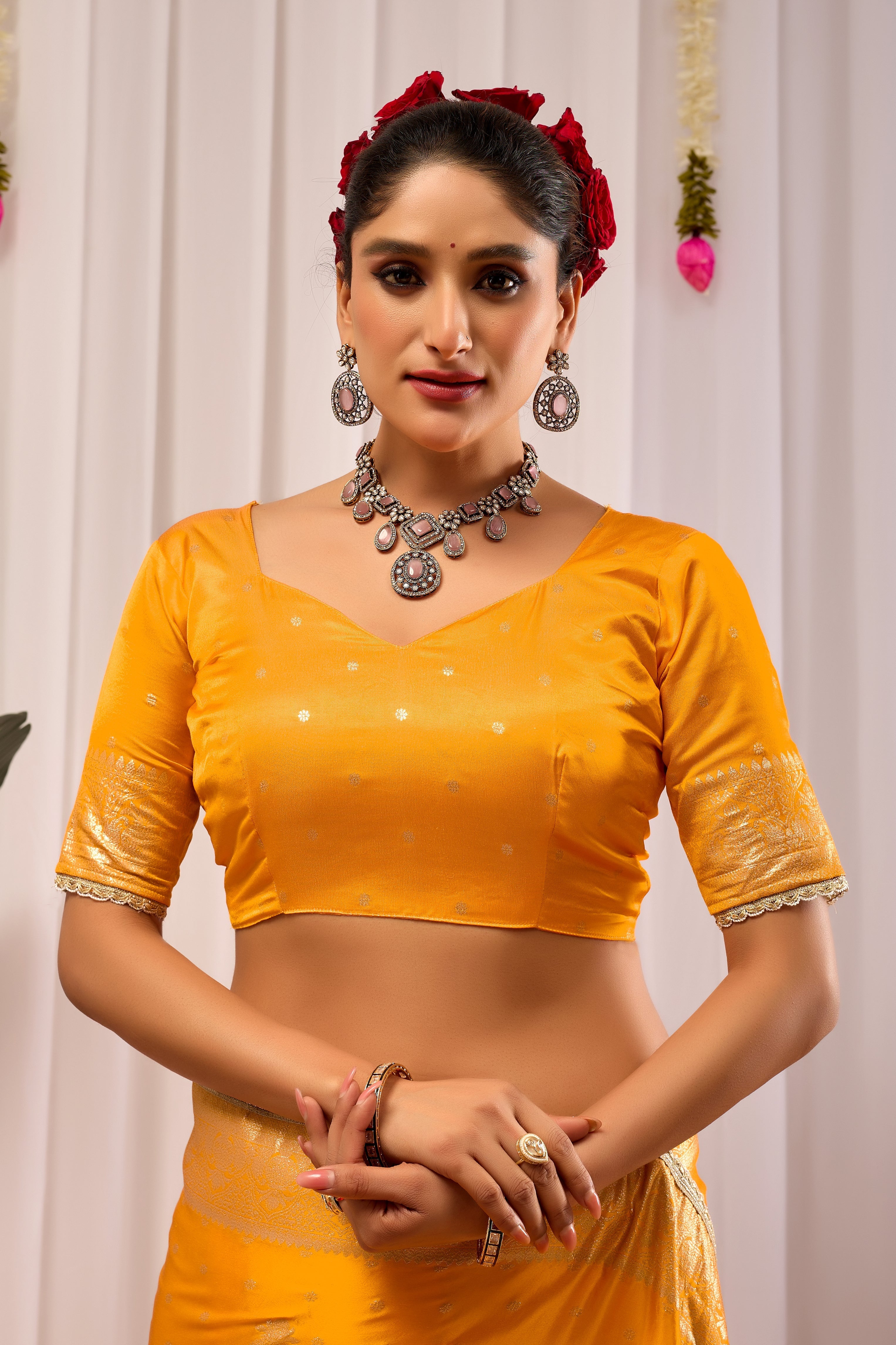 Royal Mustard Yellow  Satin Satin Silk by Icultuer with Antique Gold Zari Weaving