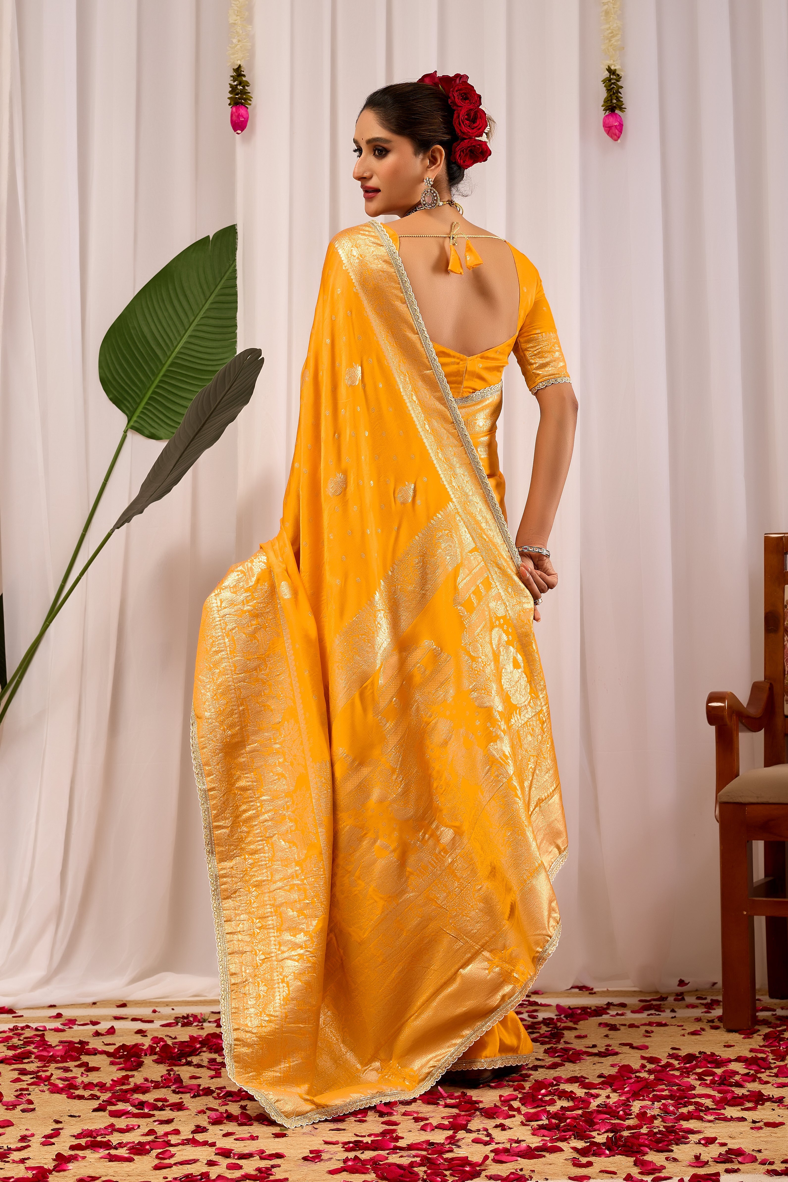 Royal Mustard Yellow  Satin Satin Silk by Icultuer with Antique Gold Zari Weaving