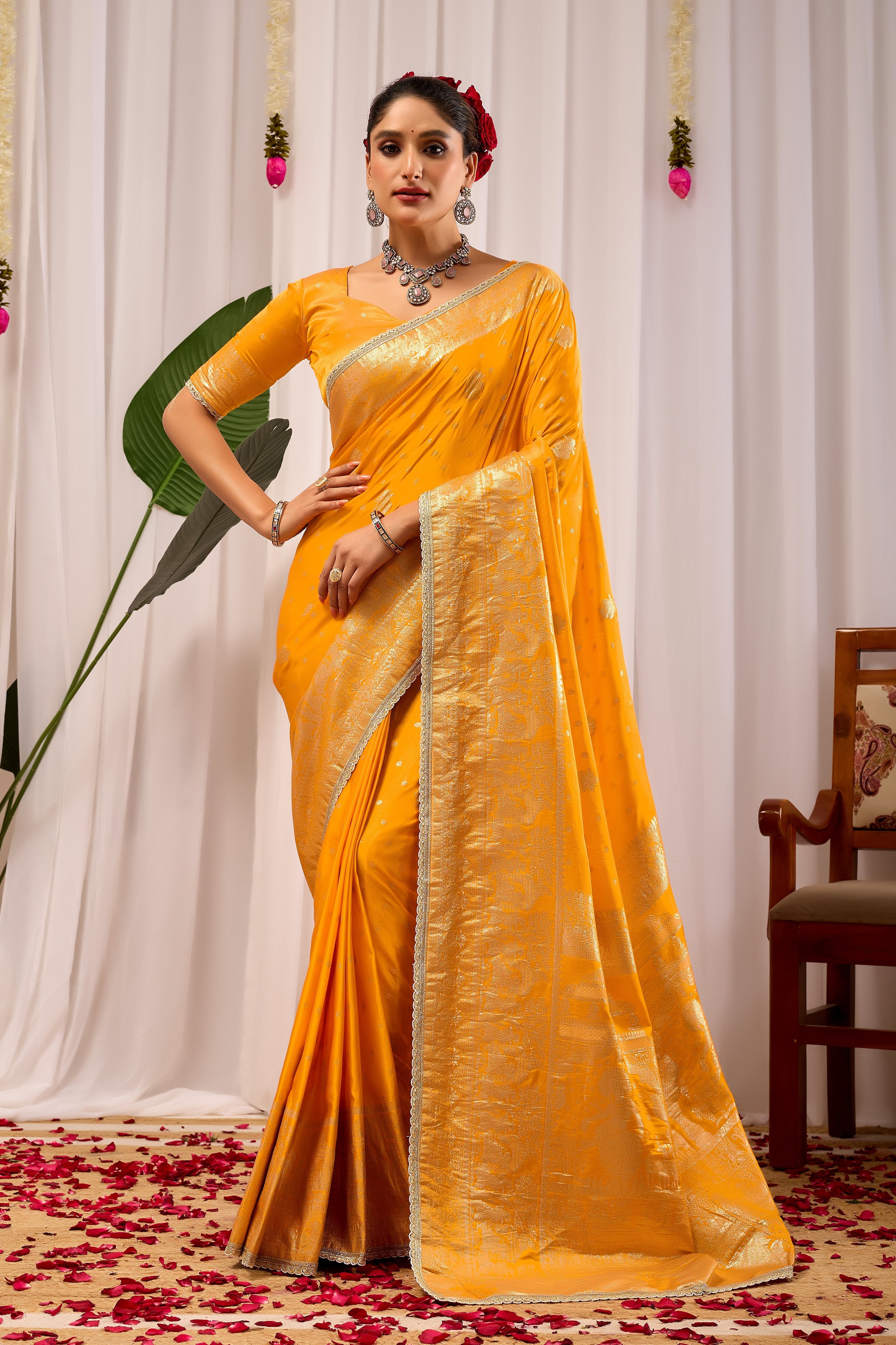 Royal Mustard Yellow  Satin Satin Silk by Icultuer with Antique Gold Zari Weaving