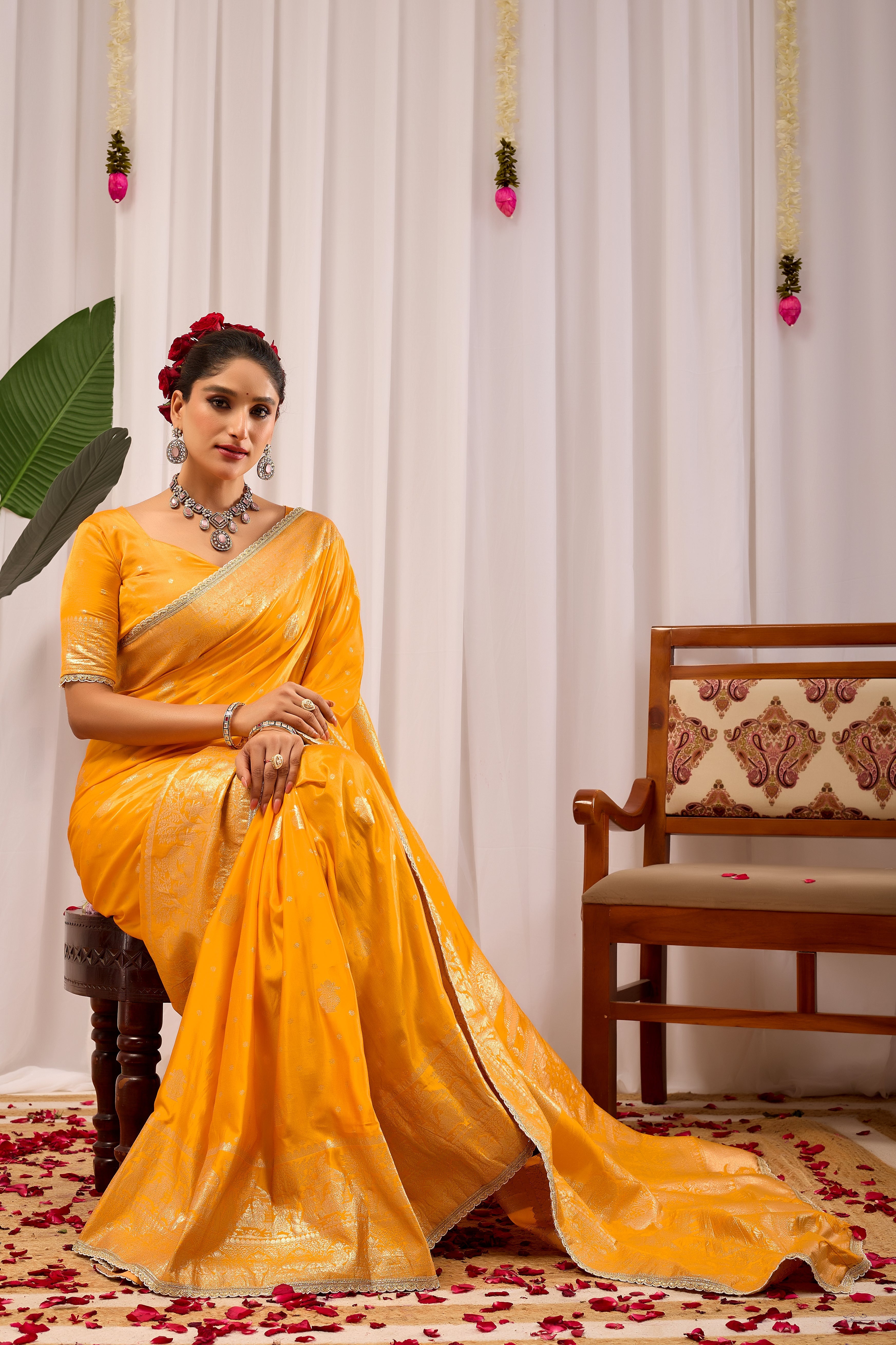 Royal Mustard Yellow  Satin Satin Silk by Icultuer with Antique Gold Zari Weaving