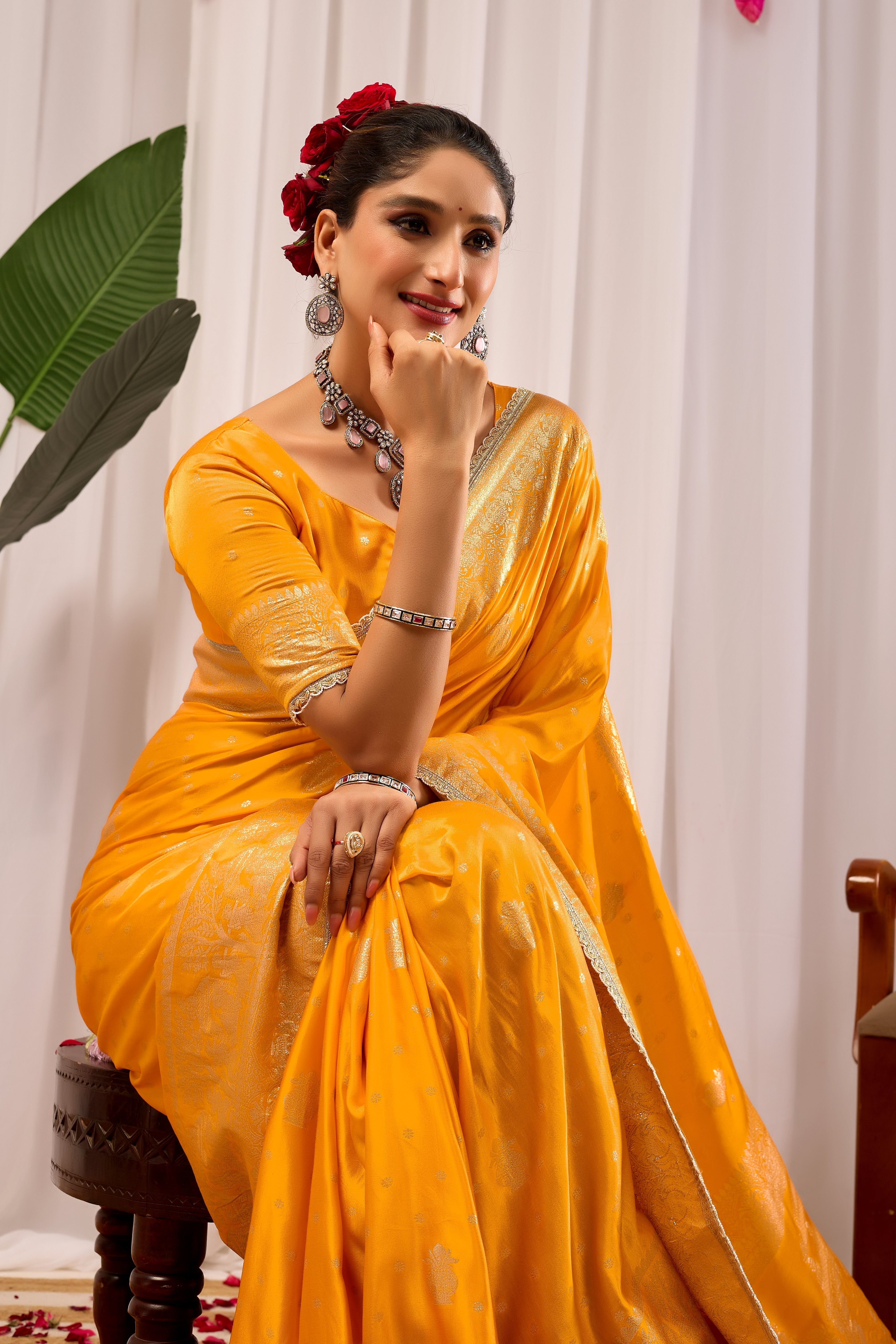 Royal Mustard Yellow  Satin Satin Silk by Icultuer with Antique Gold Zari Weaving