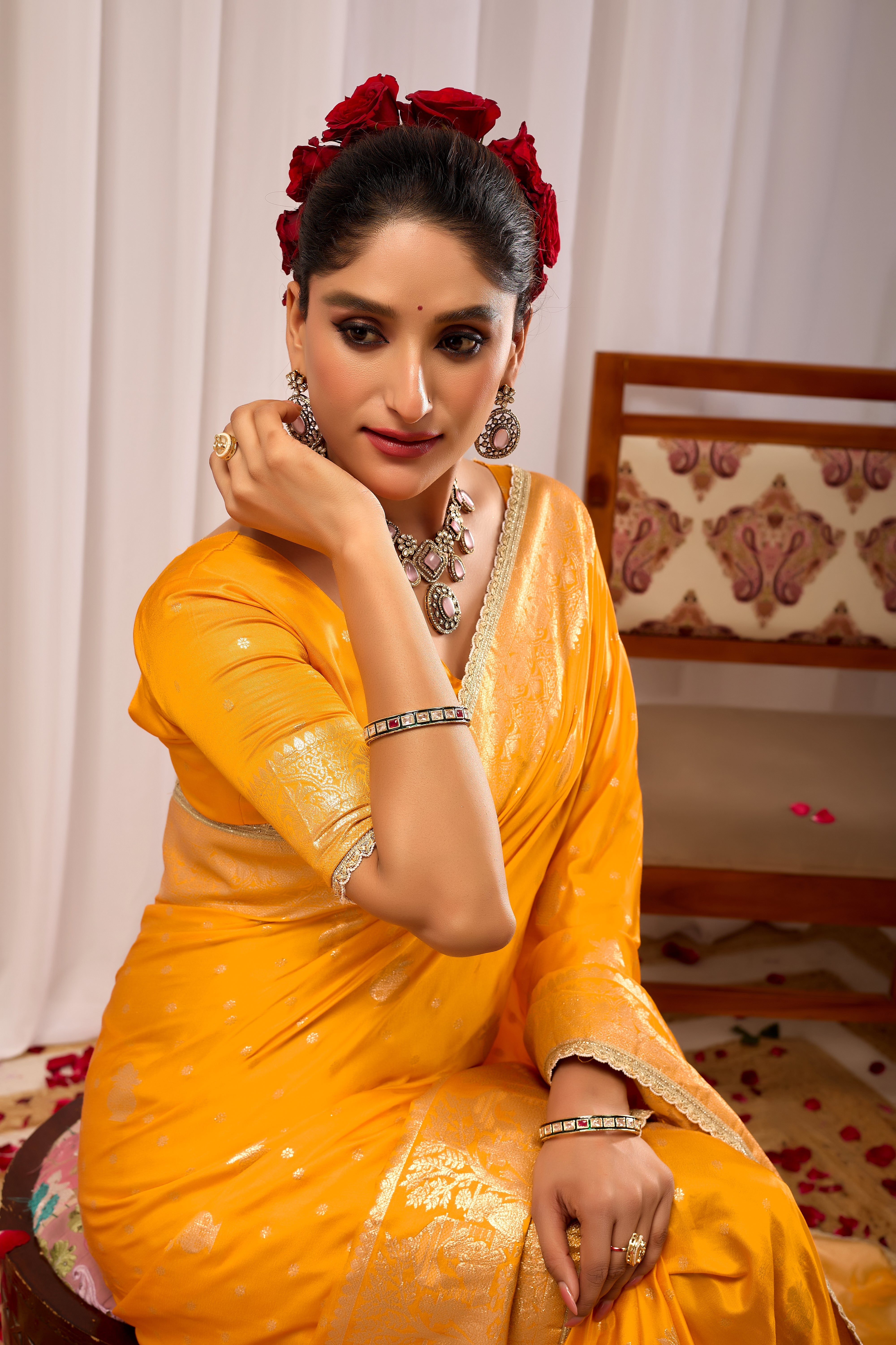 Royal Mustard Yellow  Satin Satin Silk by Icultuer with Antique Gold Zari Weaving