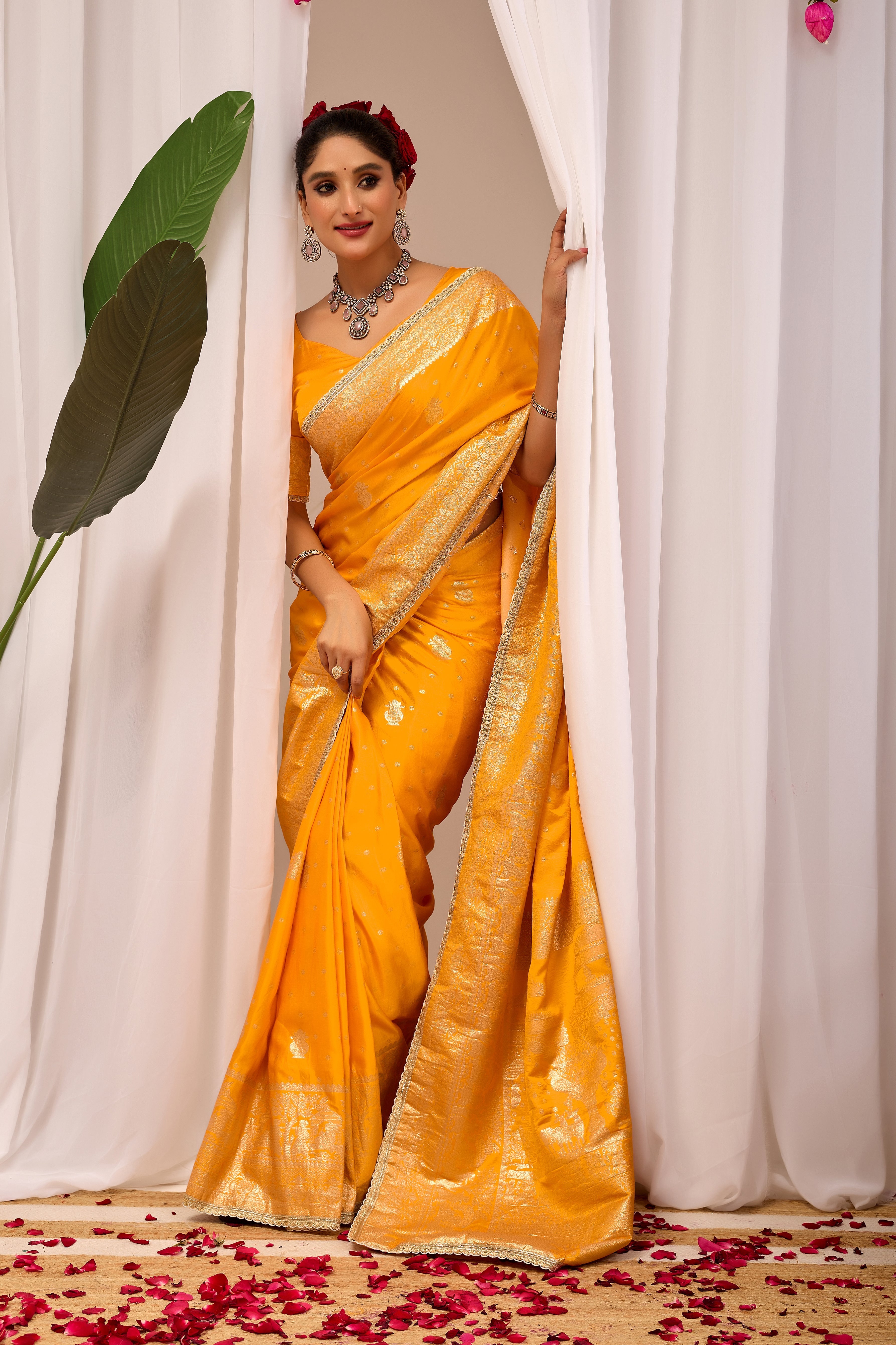 Royal Mustard Yellow  Satin Satin Silk by Icultuer with Antique Gold Zari Weaving